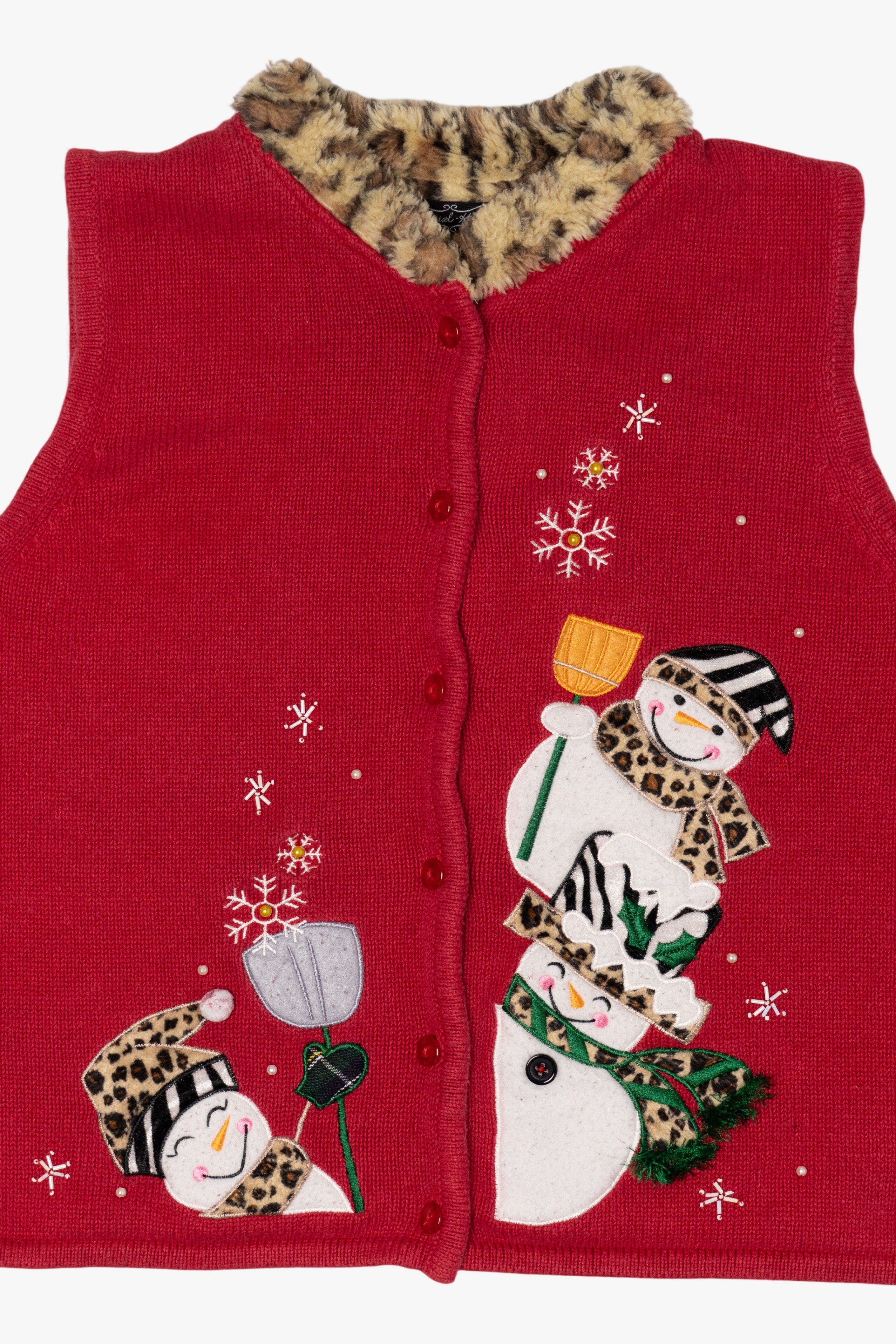 Vintage Red Crystal Kobe Snowmen Ugly Christmas Vest (1990s)