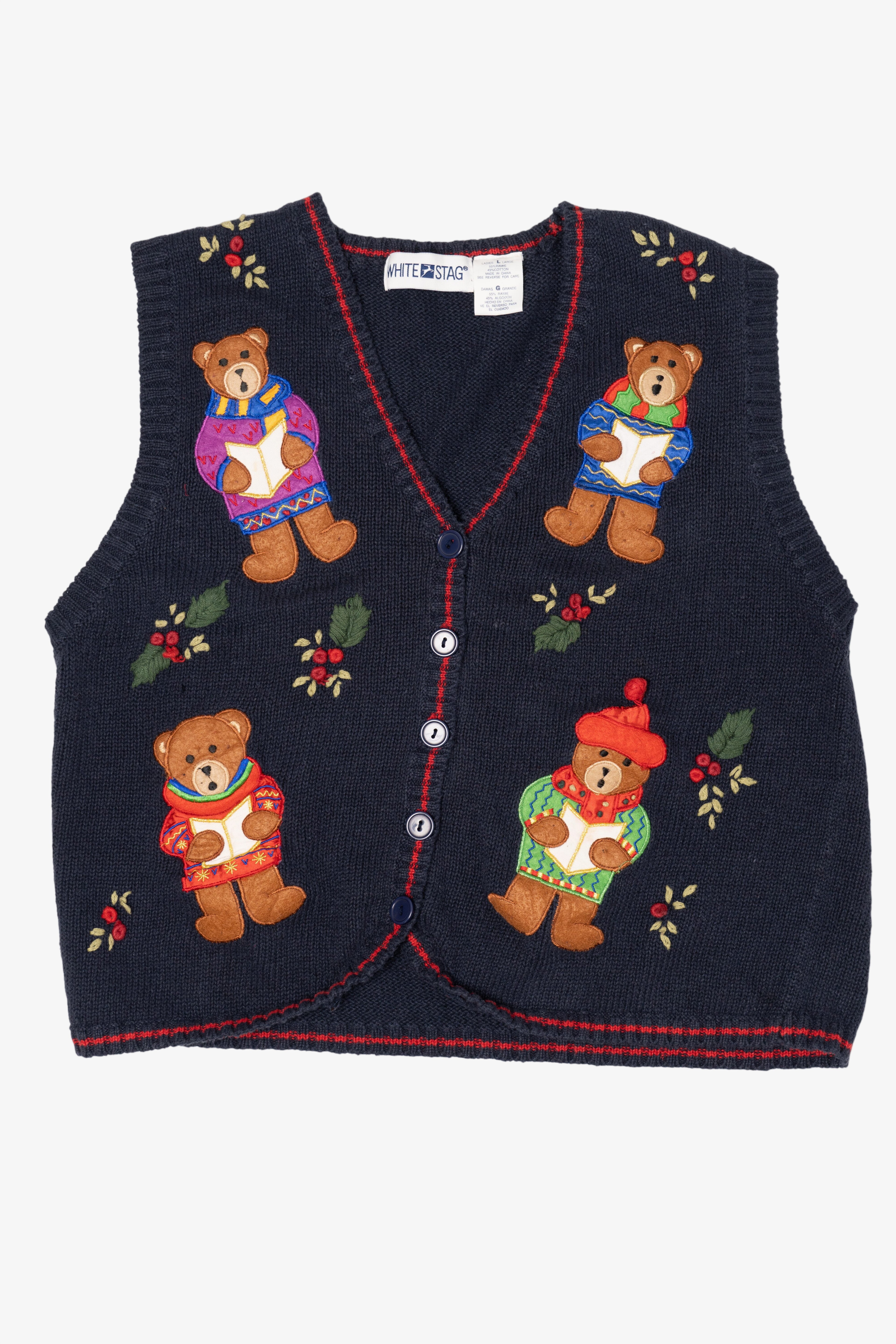 Vintage Navy Blue White Stag Caroling Teddy Bears Ugly Christmas Vest (1990s)