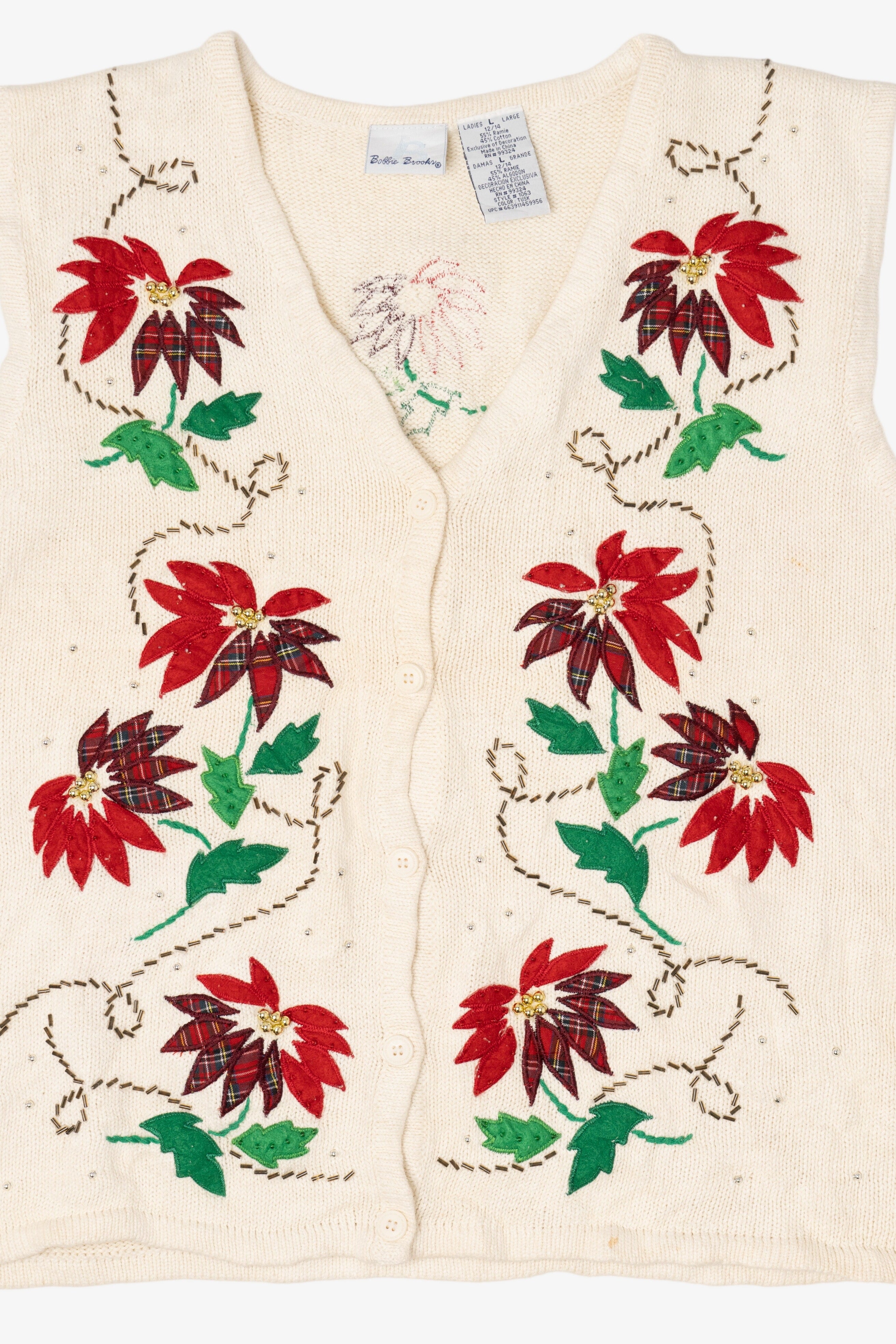 Vintage White Bobbie Brooks Poinsettias Ugly Christmas Vest (1990s)