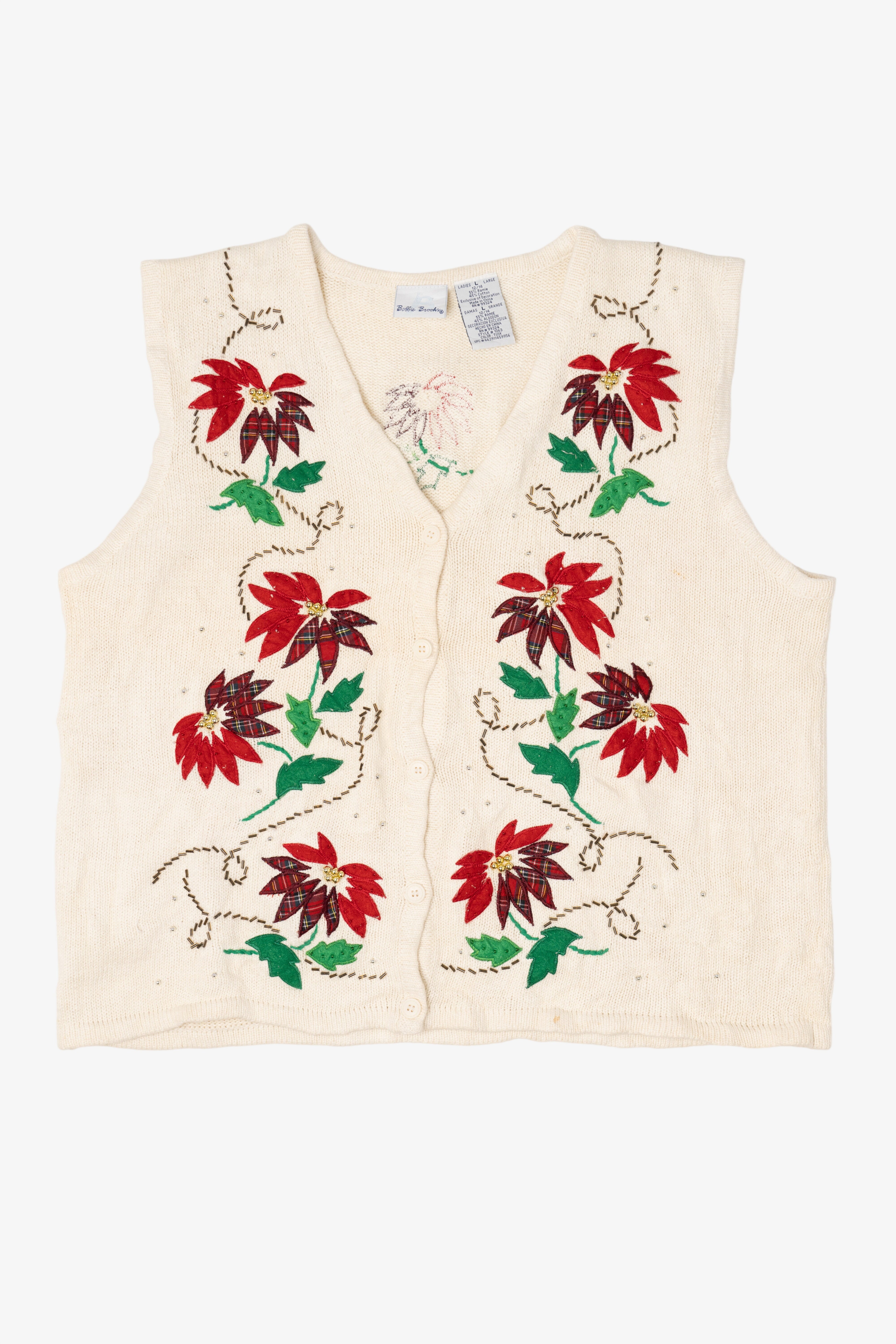 Vintage White Bobbie Brooks Poinsettias Ugly Christmas Vest (1990s)