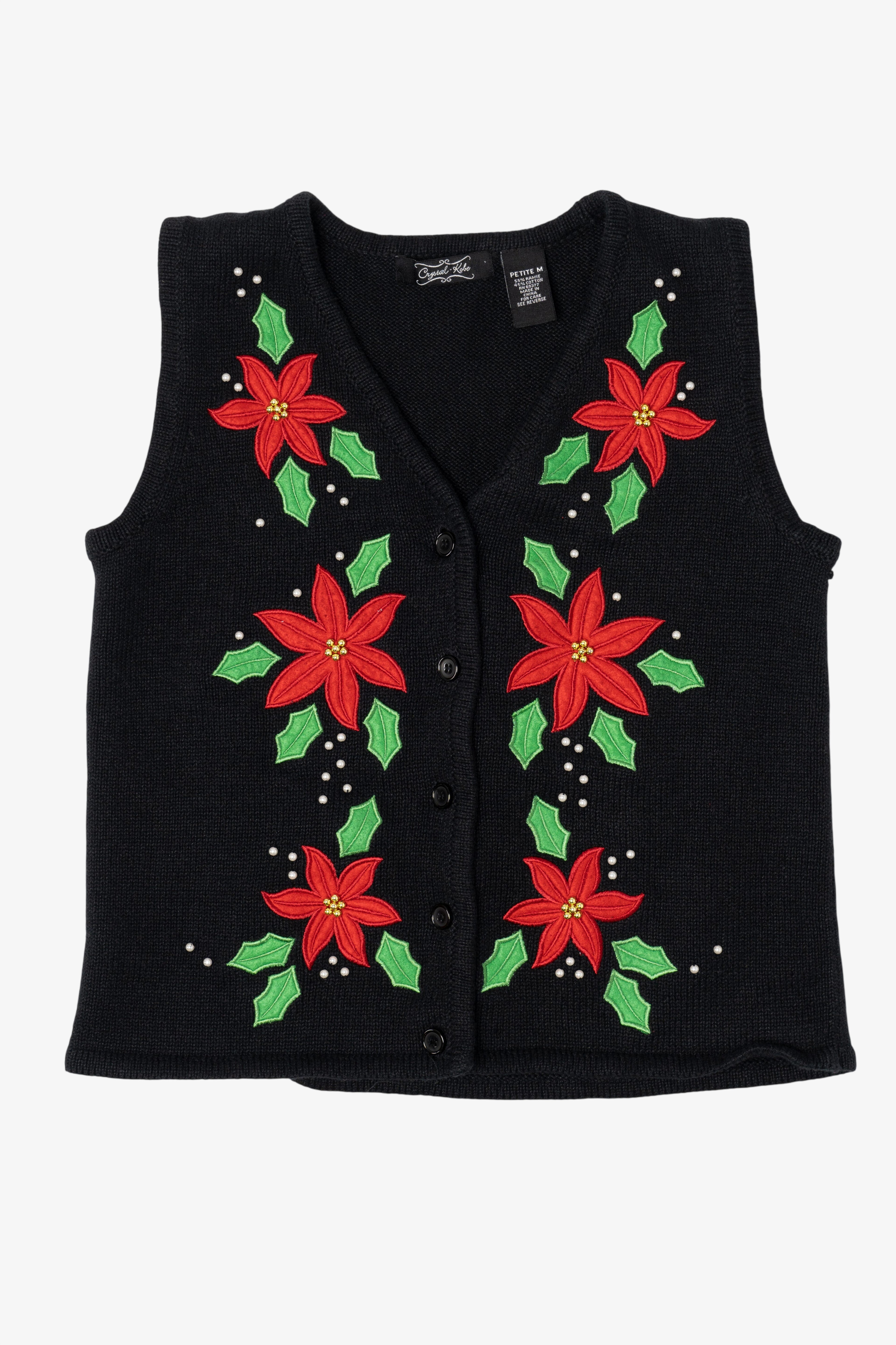 Vintage Black Crystal Kobe Poinsettias Ugly Christmas Vest (1990s)
