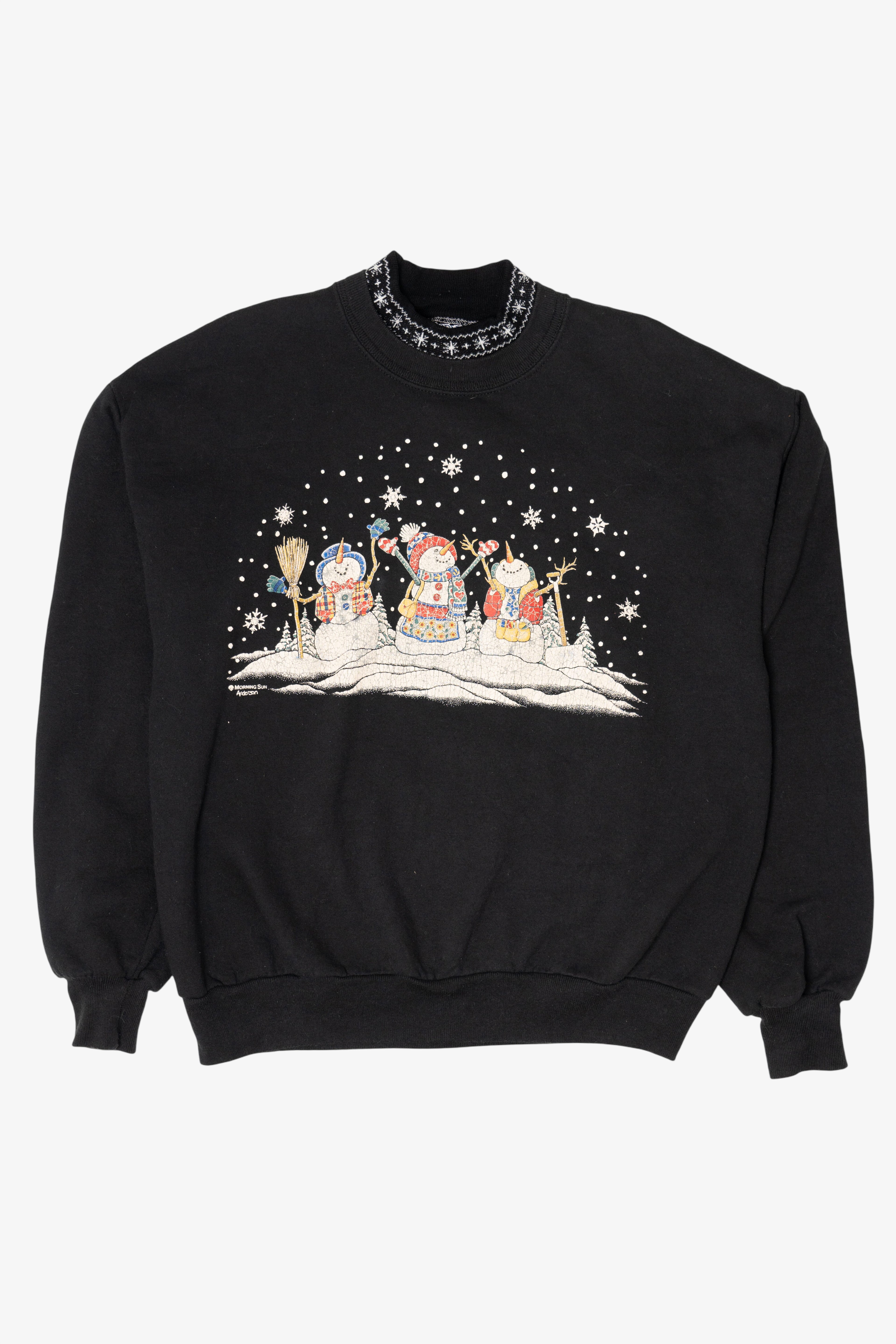 Vintage Black Morning Sun Snowmen Ugly Christmas Sweatshirt (1990s)