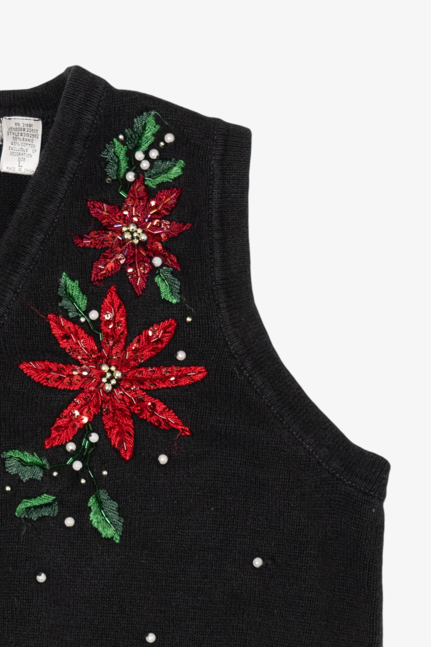 Vintage Black Ohi Poinsettias Ugly Christmas Vest (1990s)