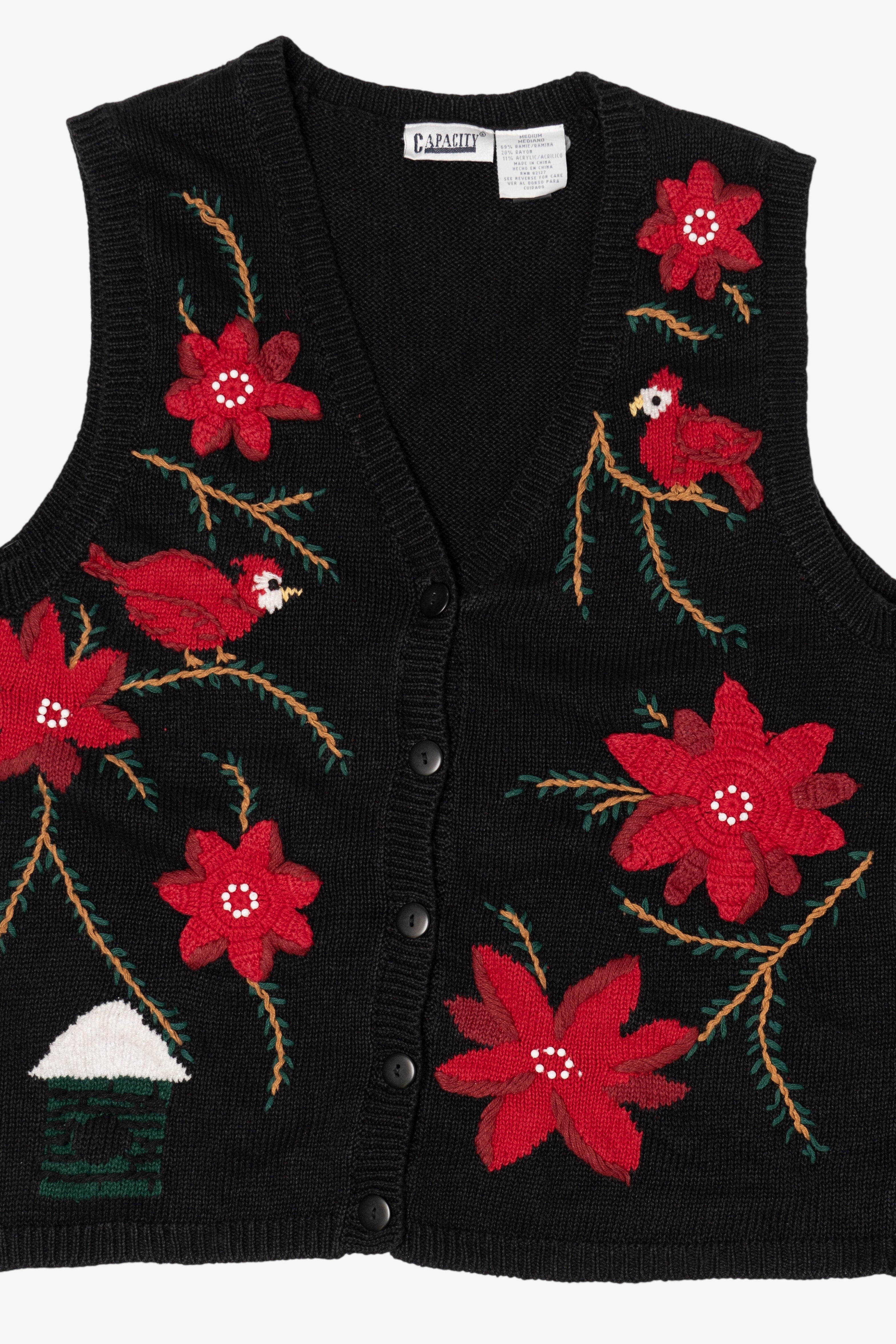 Vintage Black Capacity Cardinals And Poinsettias Ugly Christmas Vest (1990s)