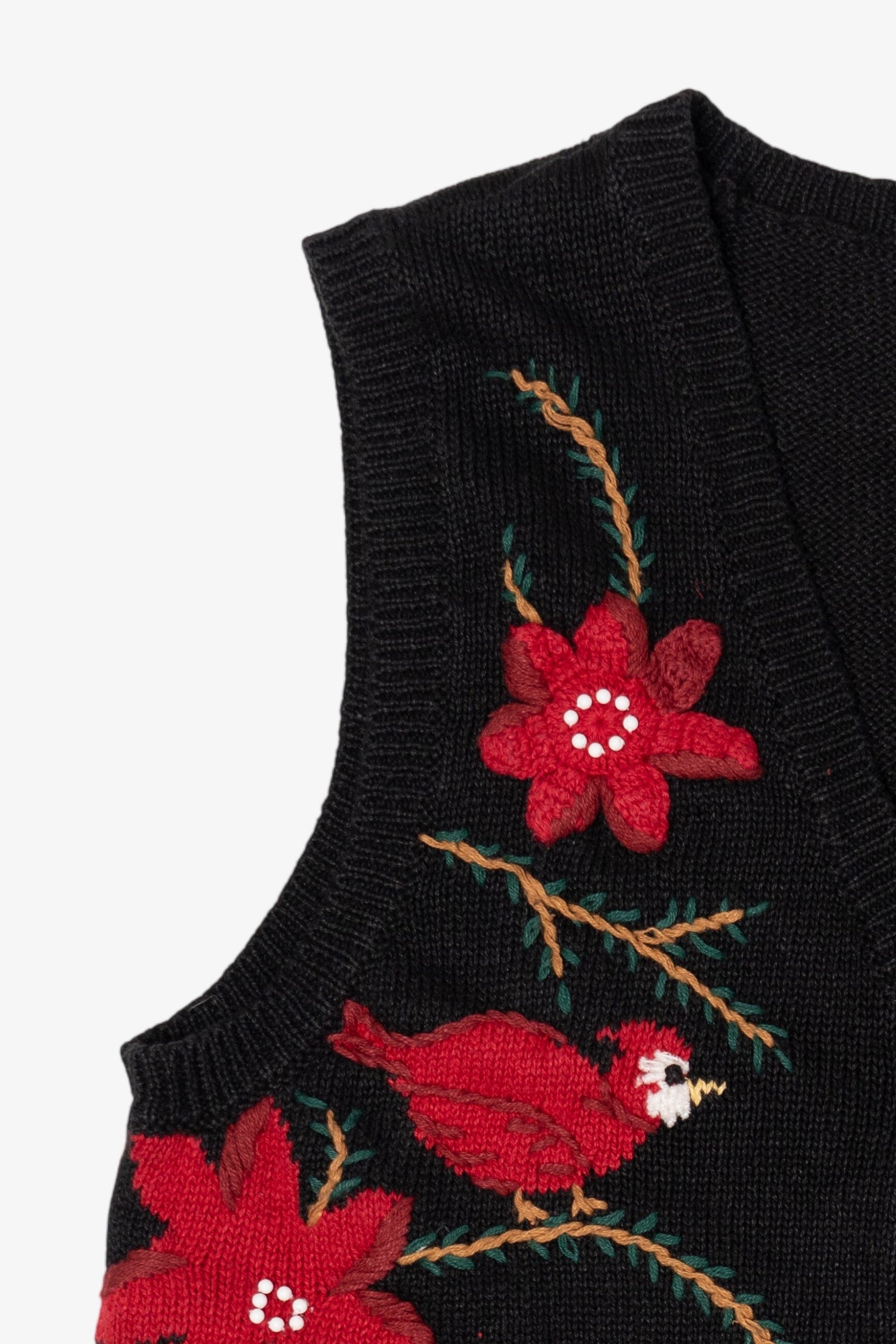 Vintage Black Capacity Cardinals And Poinsettias Ugly Christmas Vest (1990s)
