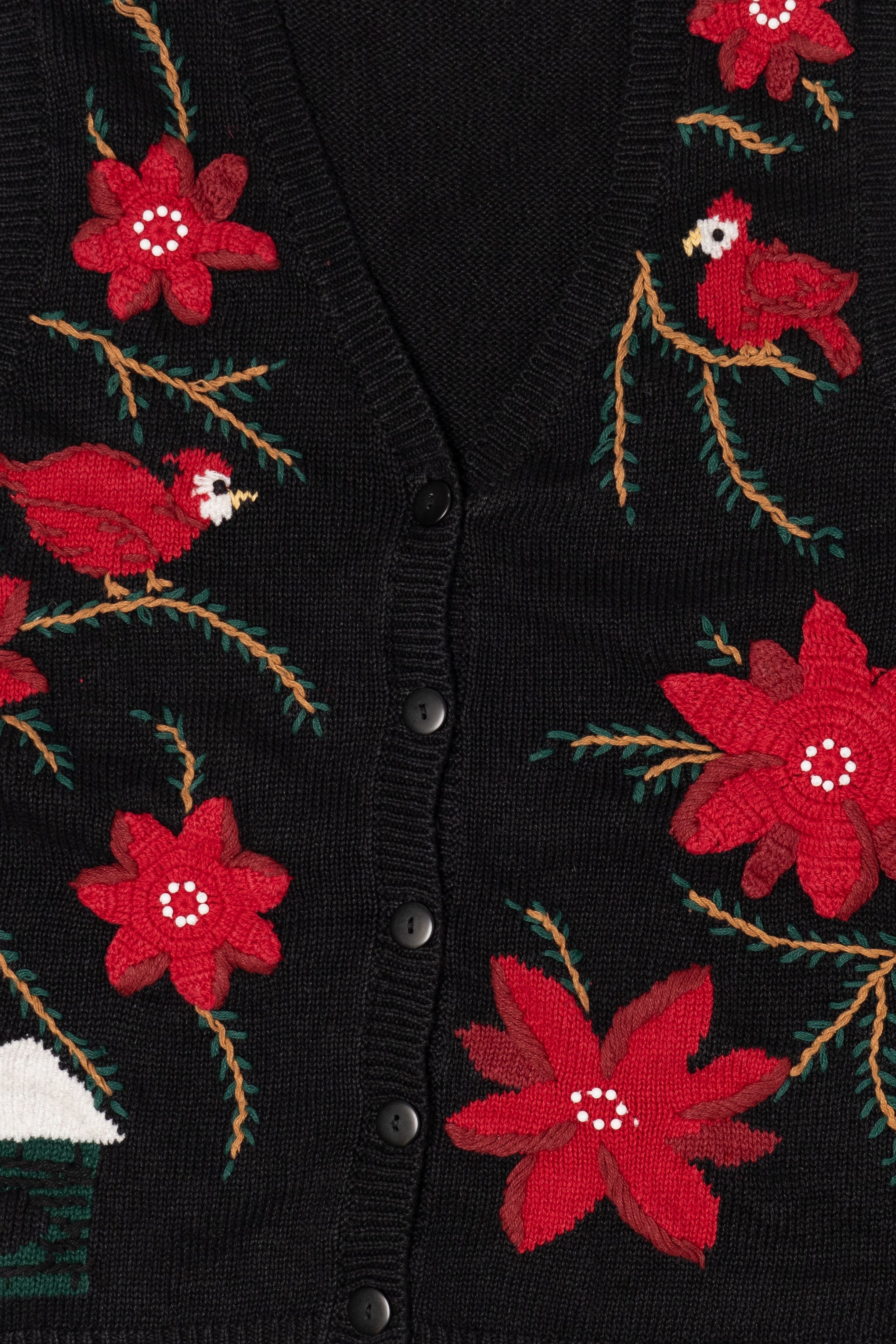 Vintage Black Capacity Cardinals And Poinsettias Ugly Christmas Vest (1990s)