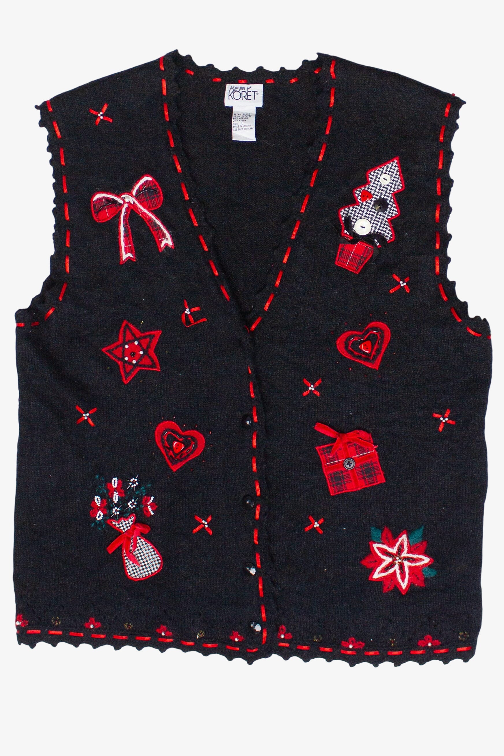 Vintage Koret Ribbon Button Patch Ugly Christmas Vest (1990s)