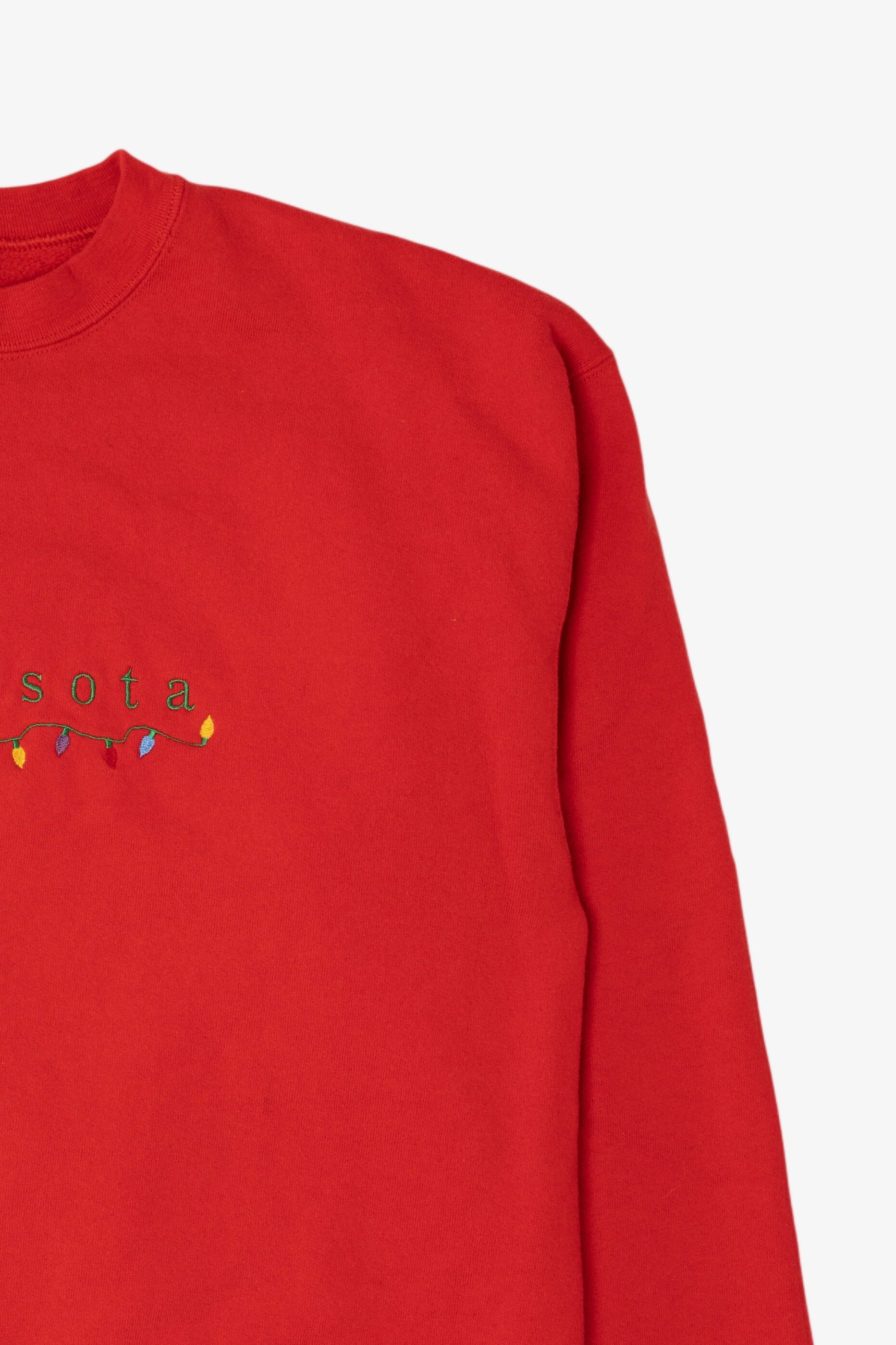 Vintage Red Oneita Embroidered "Minnesota" Lights Ugly Christmas Sweatshirt (1990s)