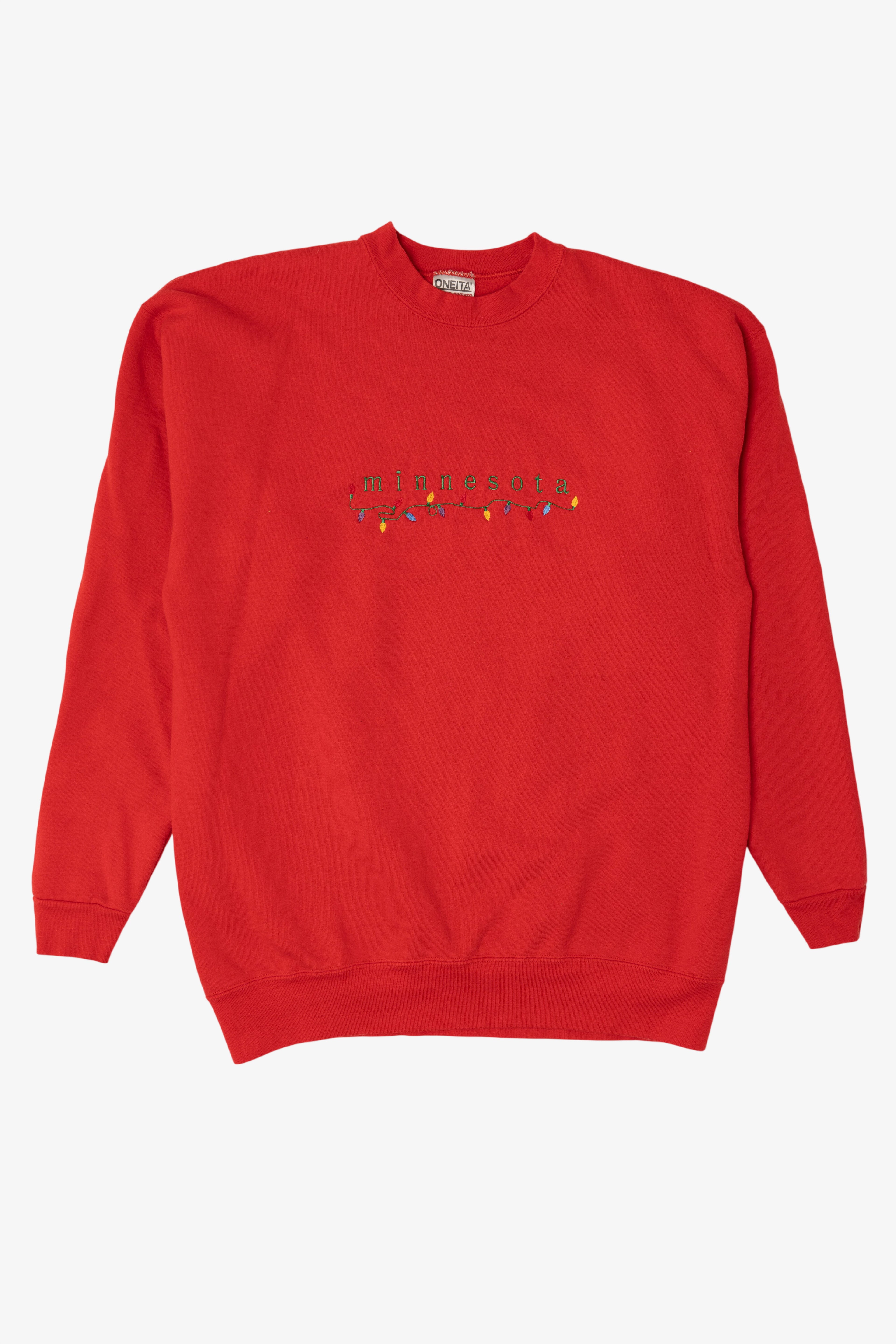 Vintage Red Oneita Embroidered "Minnesota" Lights Ugly Christmas Sweatshirt (1990s)