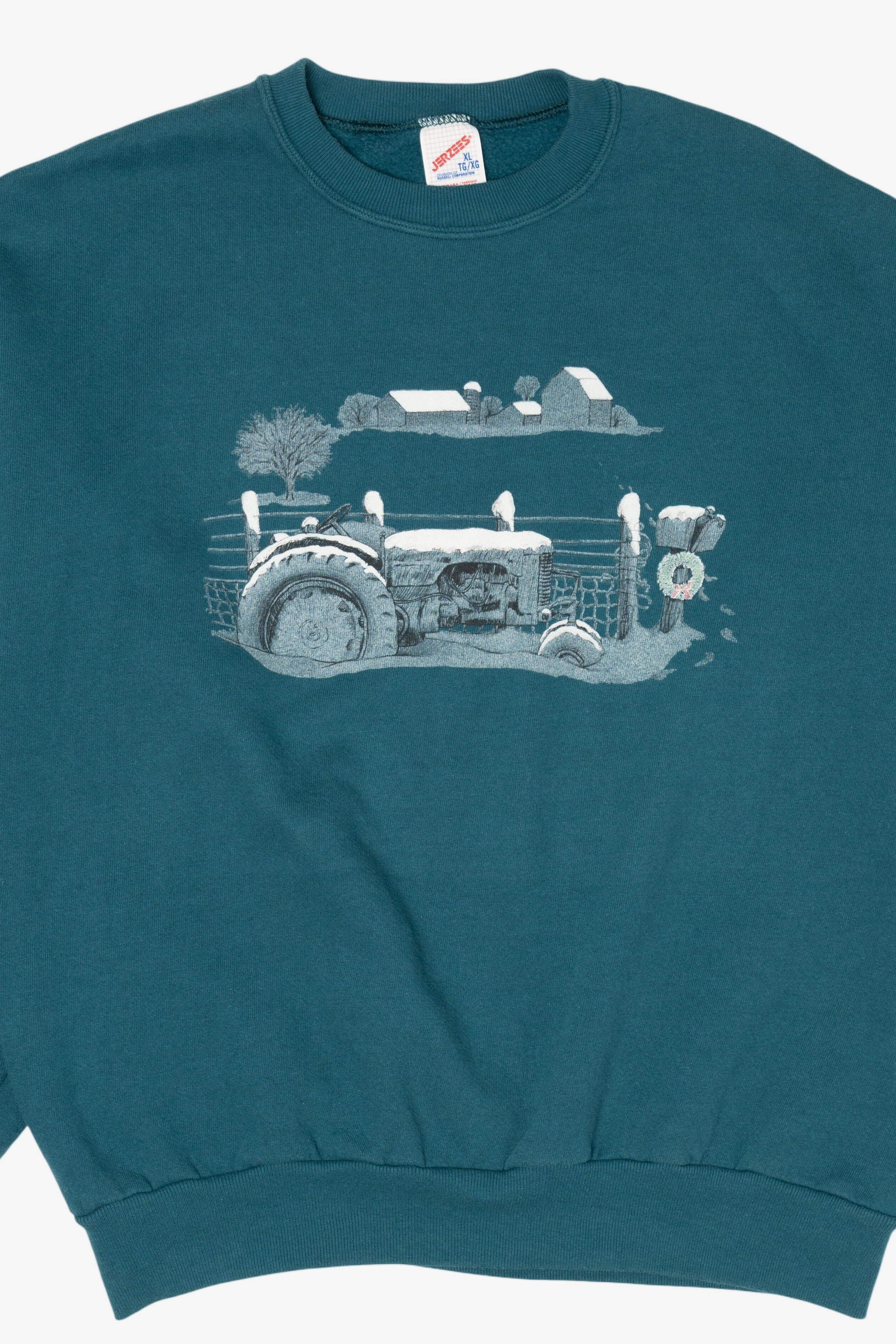 Vintage Teal Jerzees Winter Tractor Ugly Christmas Sweatshirt (1990s)
