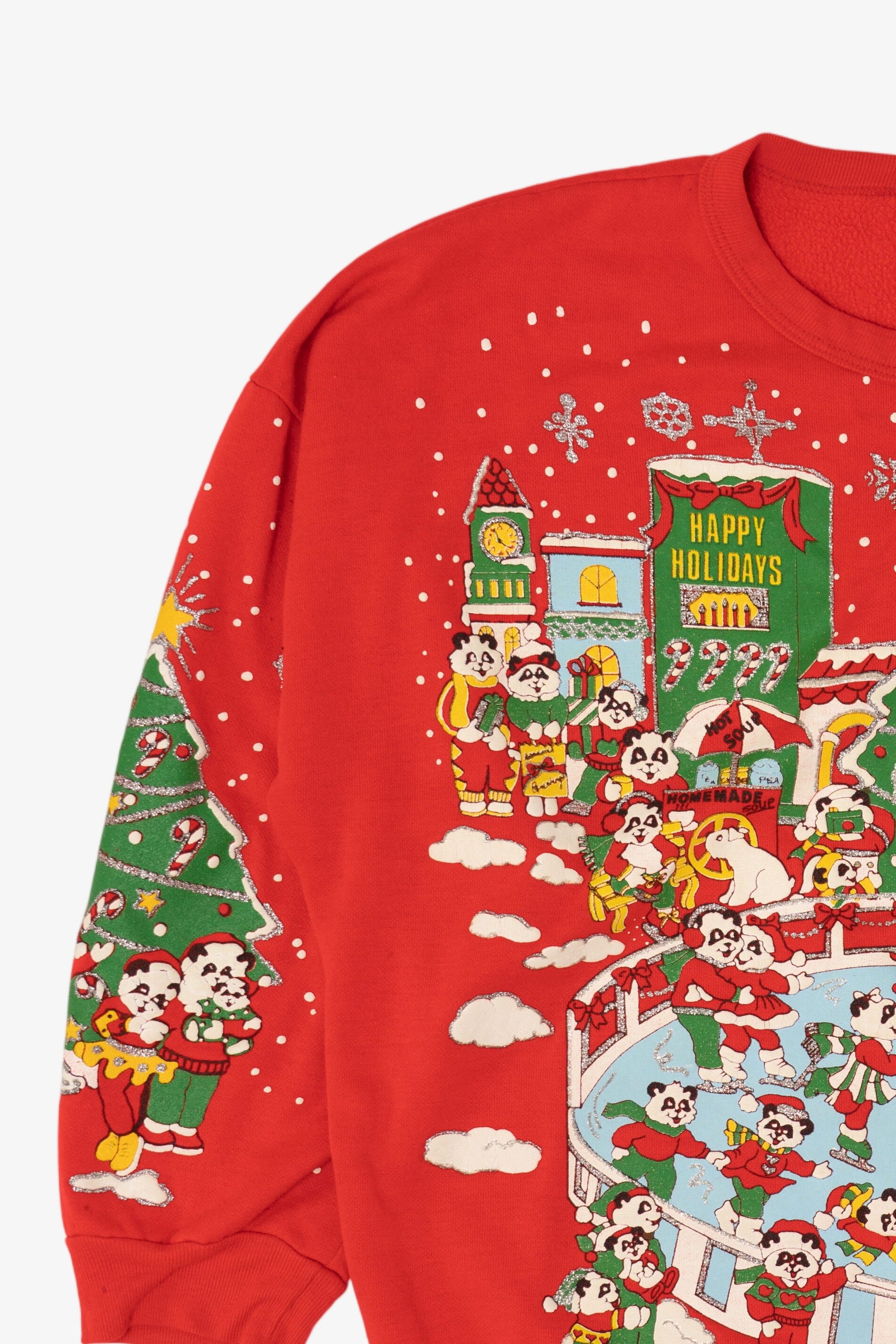 Vintage Red Embossed Nutcracker Panda Bears Ugly Christmas Sweatshirt (1990s)