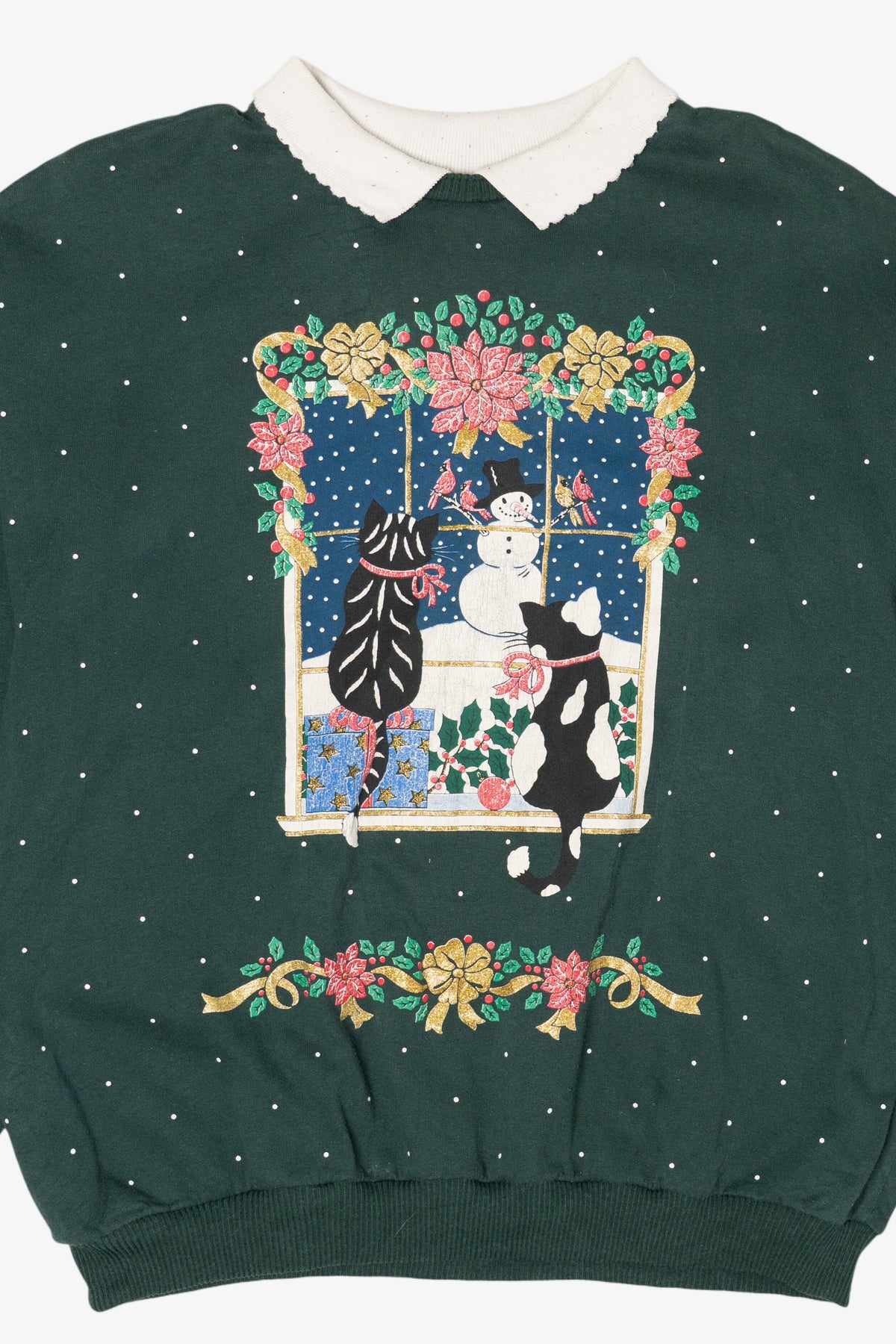 Vintage Hunter Green Spumoni Cats In Window Ugly Christmas Sweatshirt (1990s)
