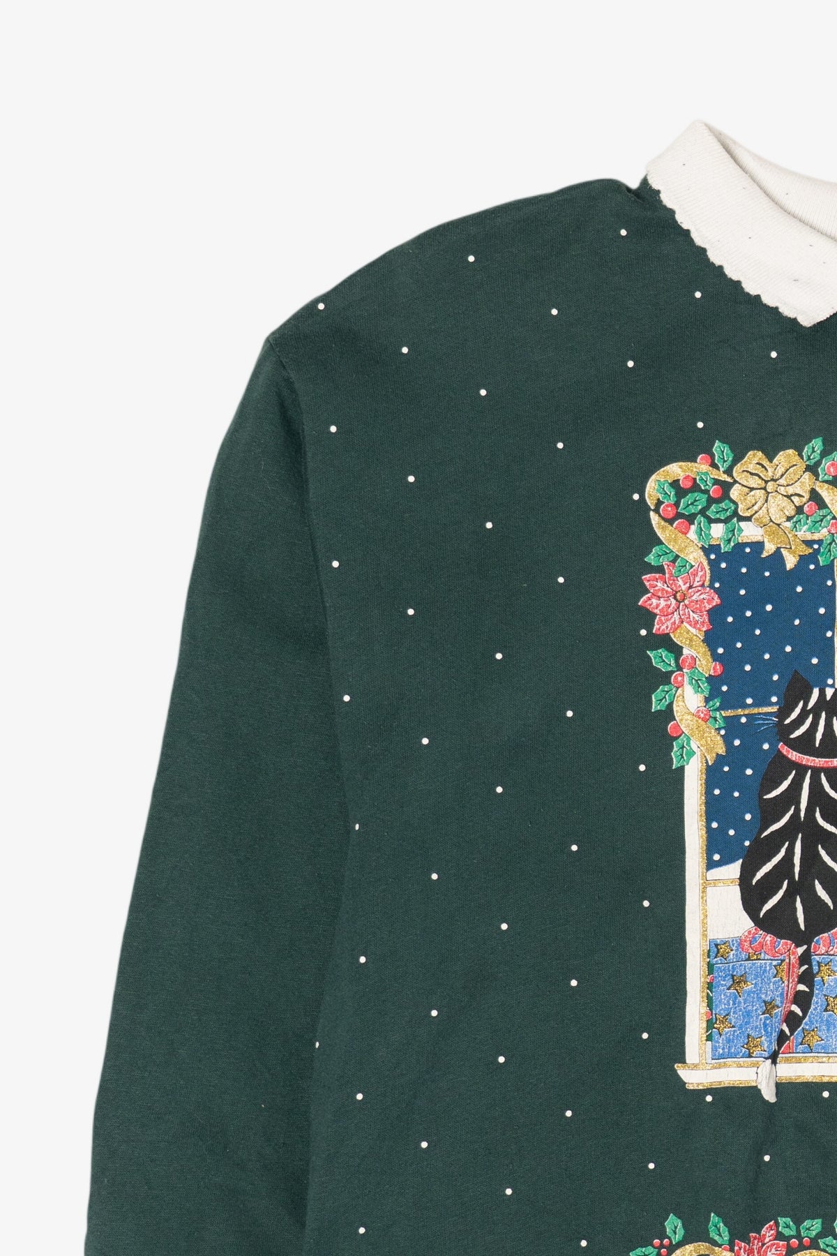 Vintage Hunter Green Spumoni Cats In Window Ugly Christmas Sweatshirt (1990s)