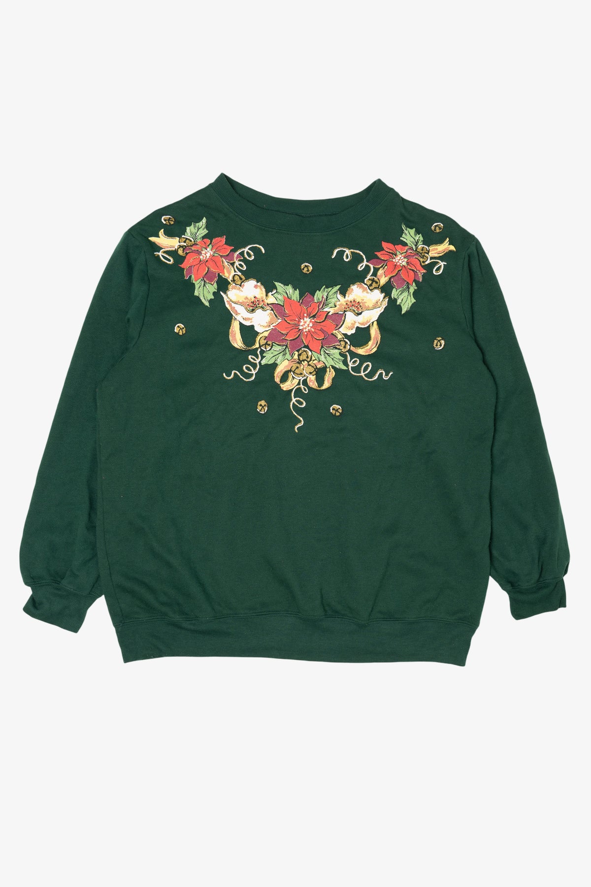 Vintage Green Blair Bells And Poinsettias Ugly Christmas Sweatshirt (1990s)