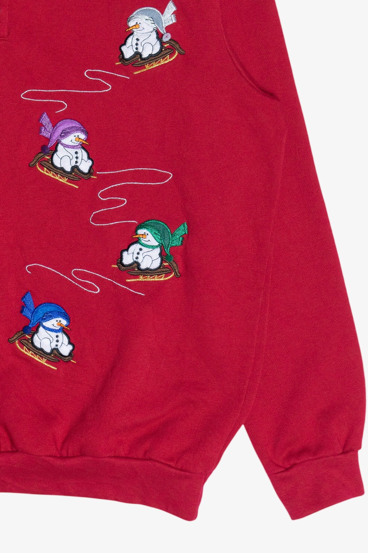 Vintage Sledding Snowmen Three Button Ugly Christmas Sweatshirt (1990s)