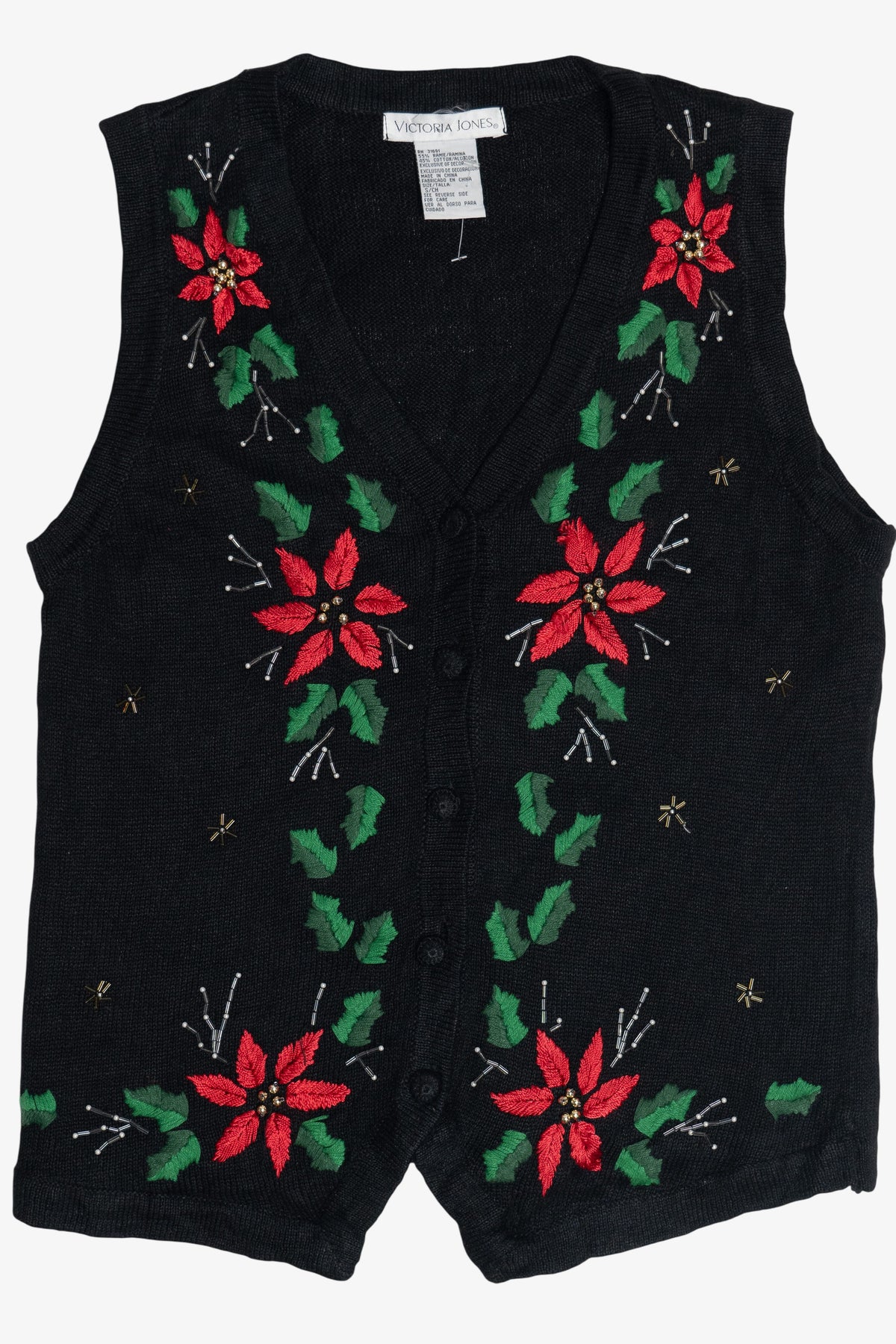 Vintage Victoria Jones Embroidered Poinsettias Ugly Christmas Vest (1990s)