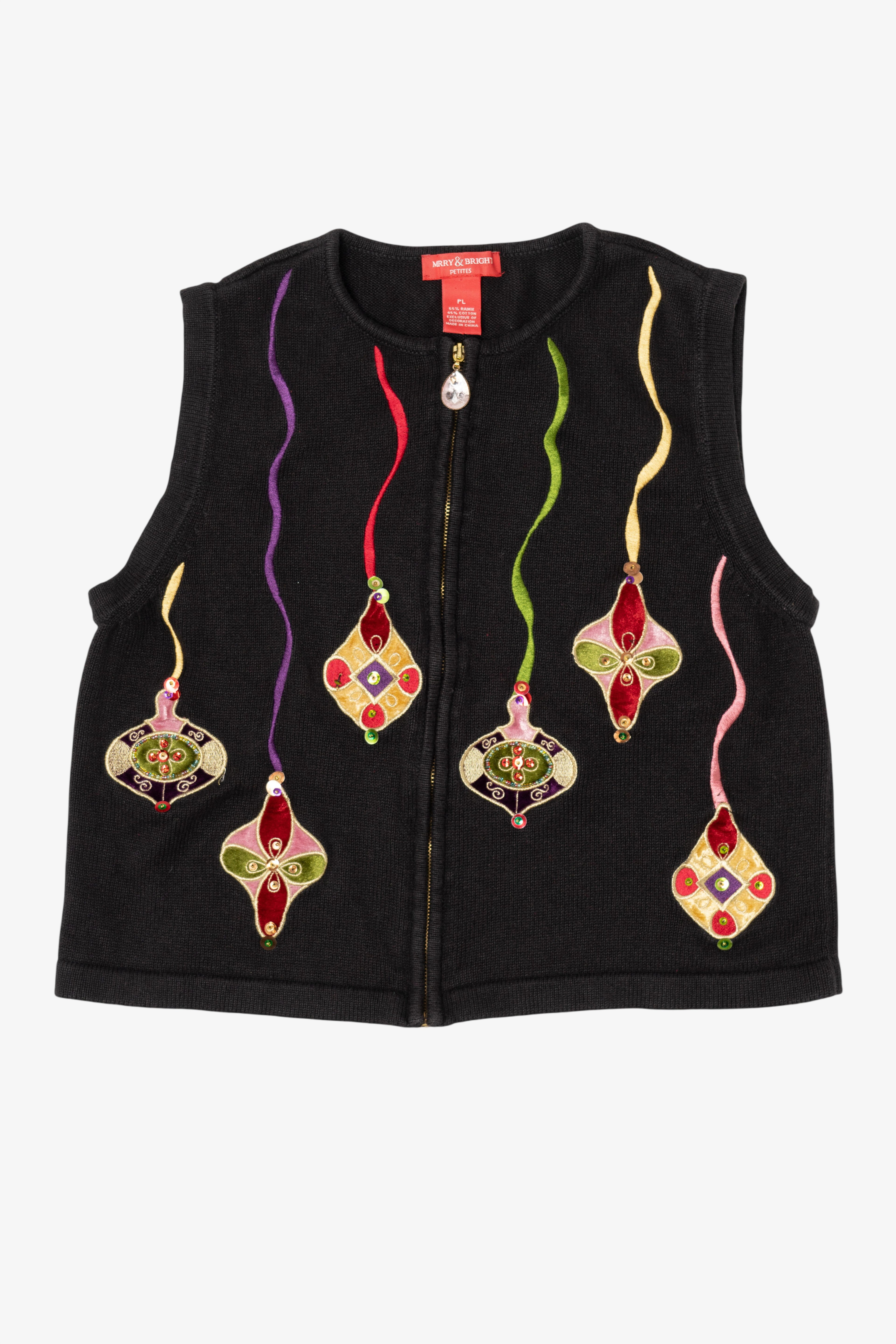 Vintage Black Merry & Bright Ornaments Ugly Christmas Vest (2000s)