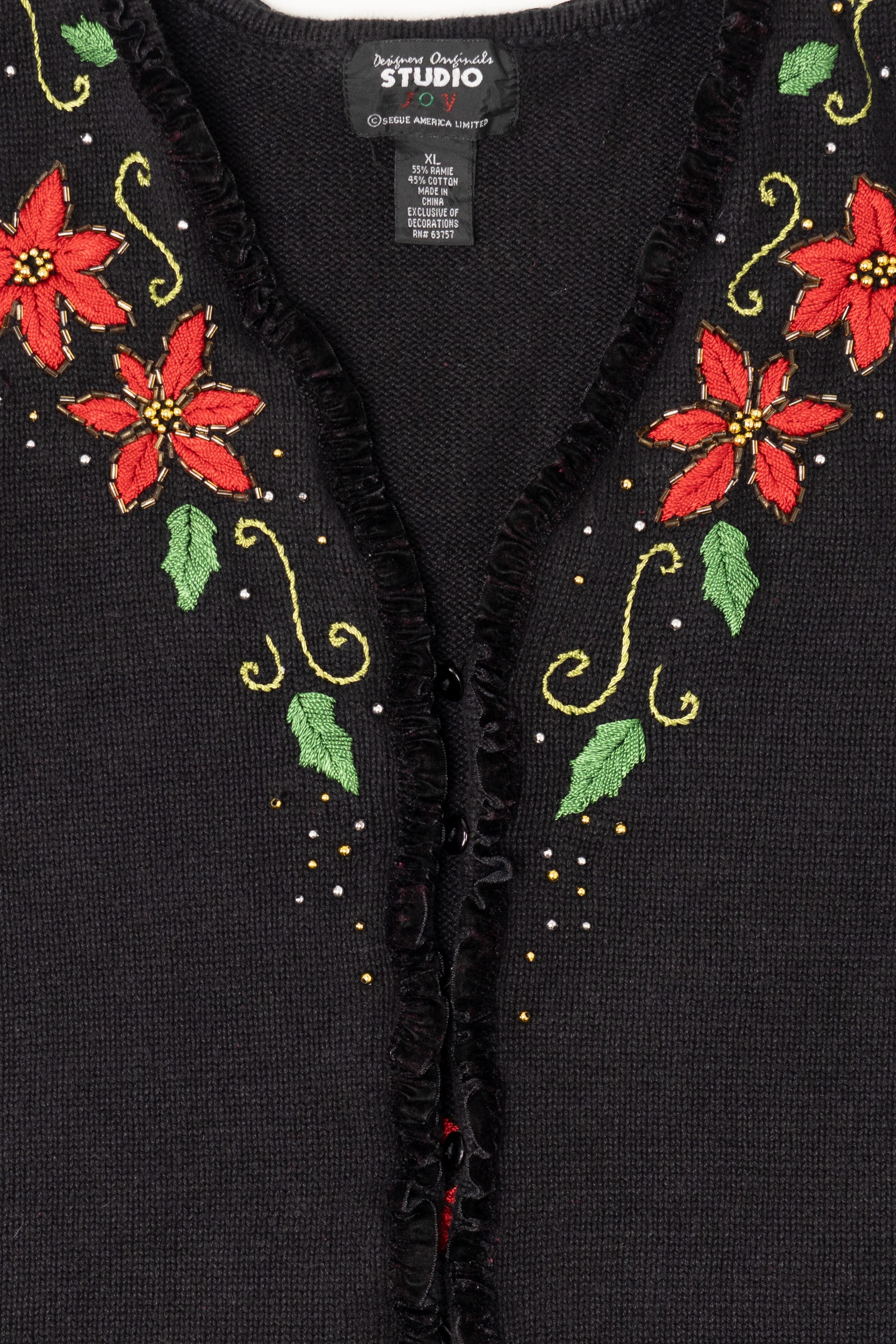 Vintage Black Studio Joy Poinsettias Ugly Christmas Vest (1990s)