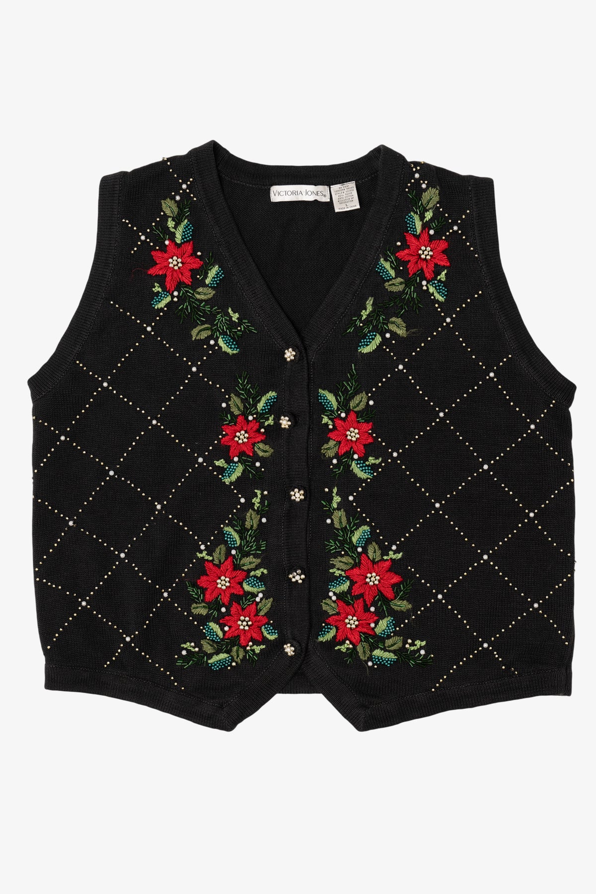 Vintage Black Victoria Jones Poinsettias Ugly Christmas Vest (1990s)