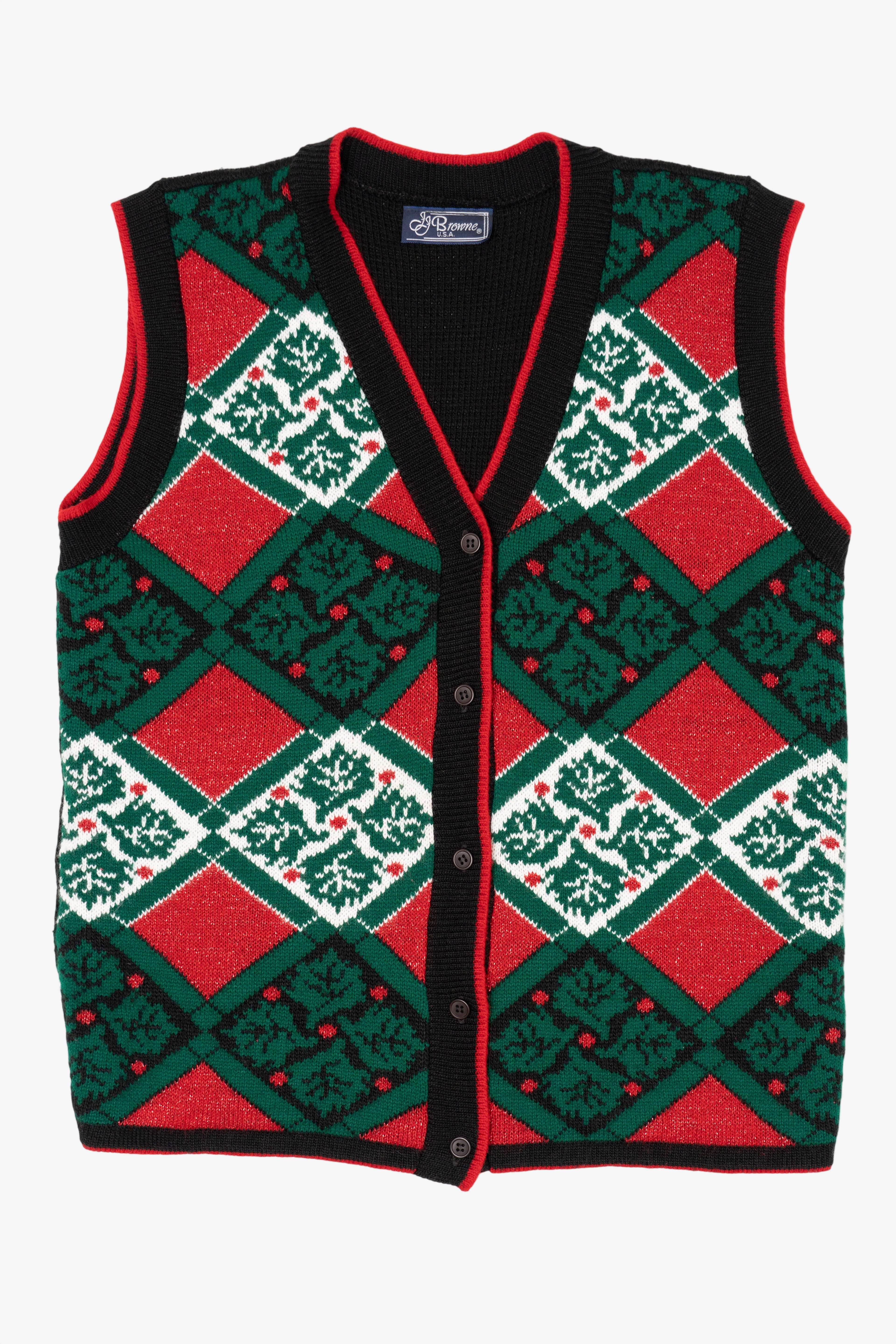 Vintage Black JJ Browne Holly Pattern Ugly Christmas Vest (1990s)