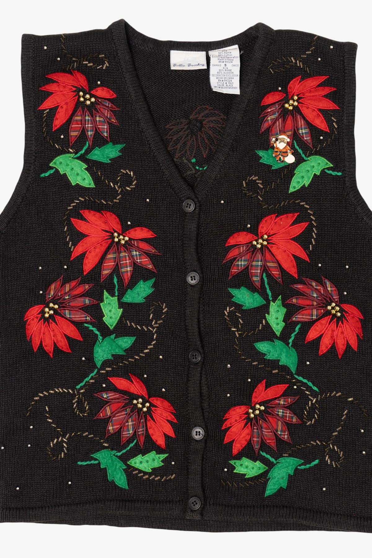Vintage Black Bobbie Brooks Poinsettias Ugly Christmas Vest (1990s)