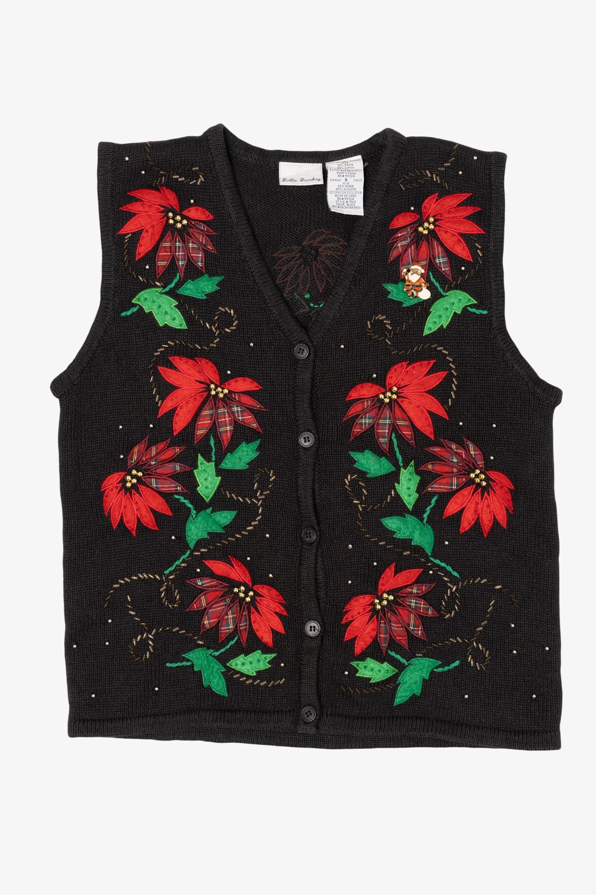 Vintage Black Bobbie Brooks Poinsettias Ugly Christmas Vest (1990s)
