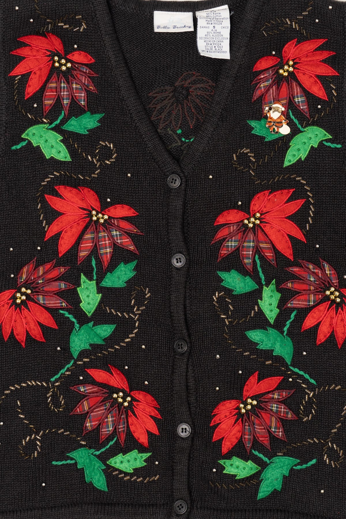Vintage Black Bobbie Brooks Poinsettias Ugly Christmas Vest (1990s)