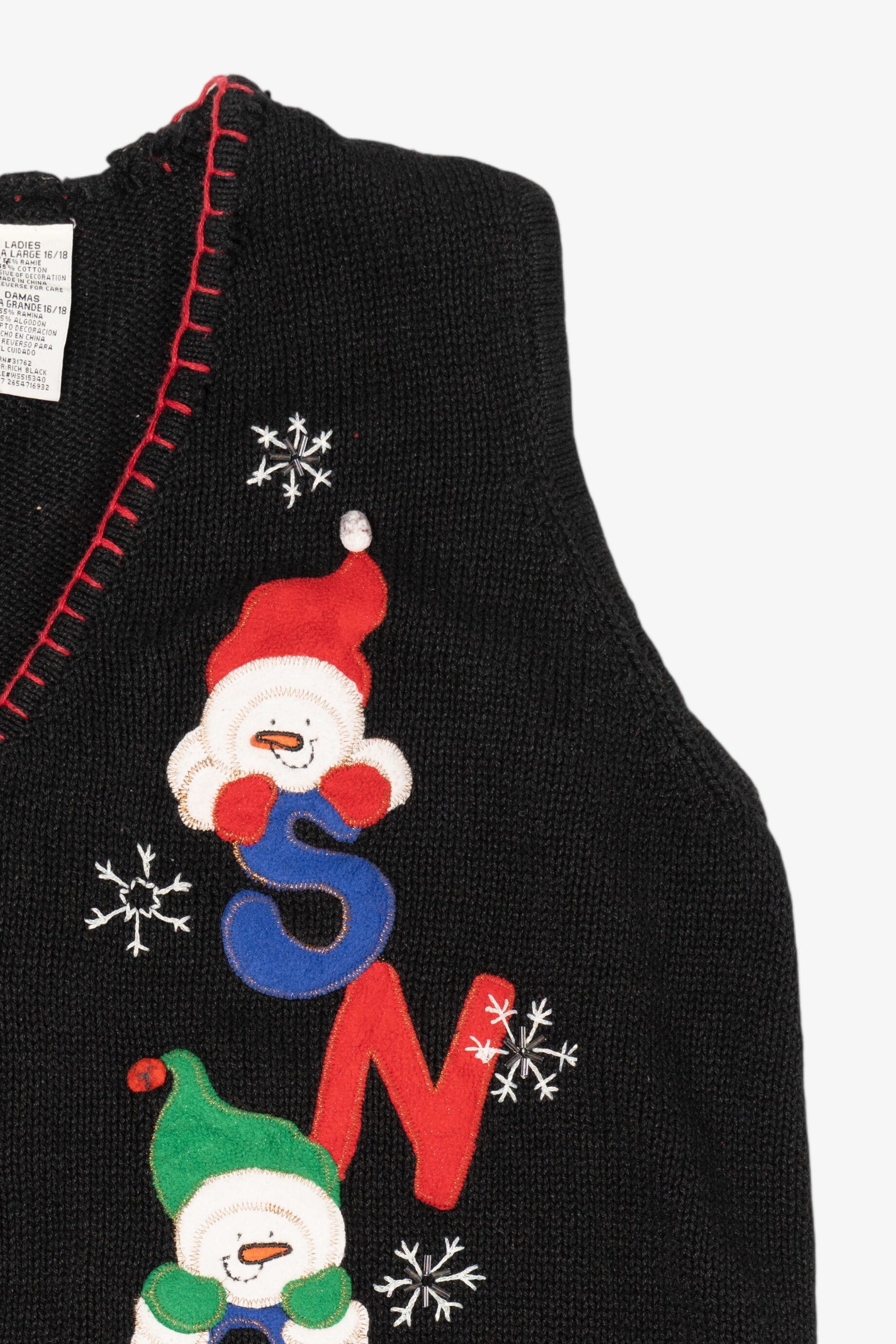 Vintage Black White Stag "Let It Snow" Snowmen Ugly Christmas Vest (1990s)