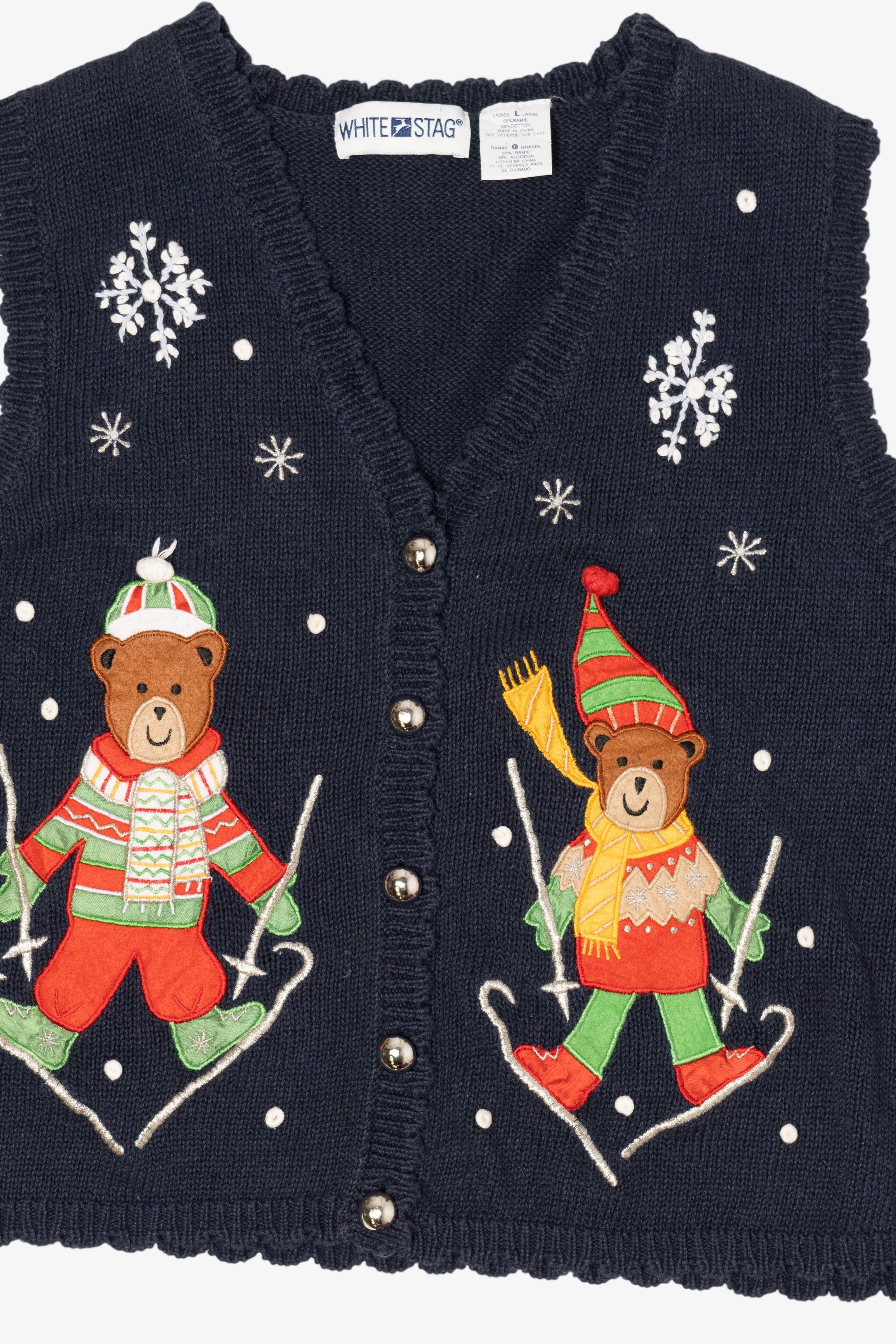 Vintage Navy Blue White Stag Teddy Bears Christmas Vest (1990s)
