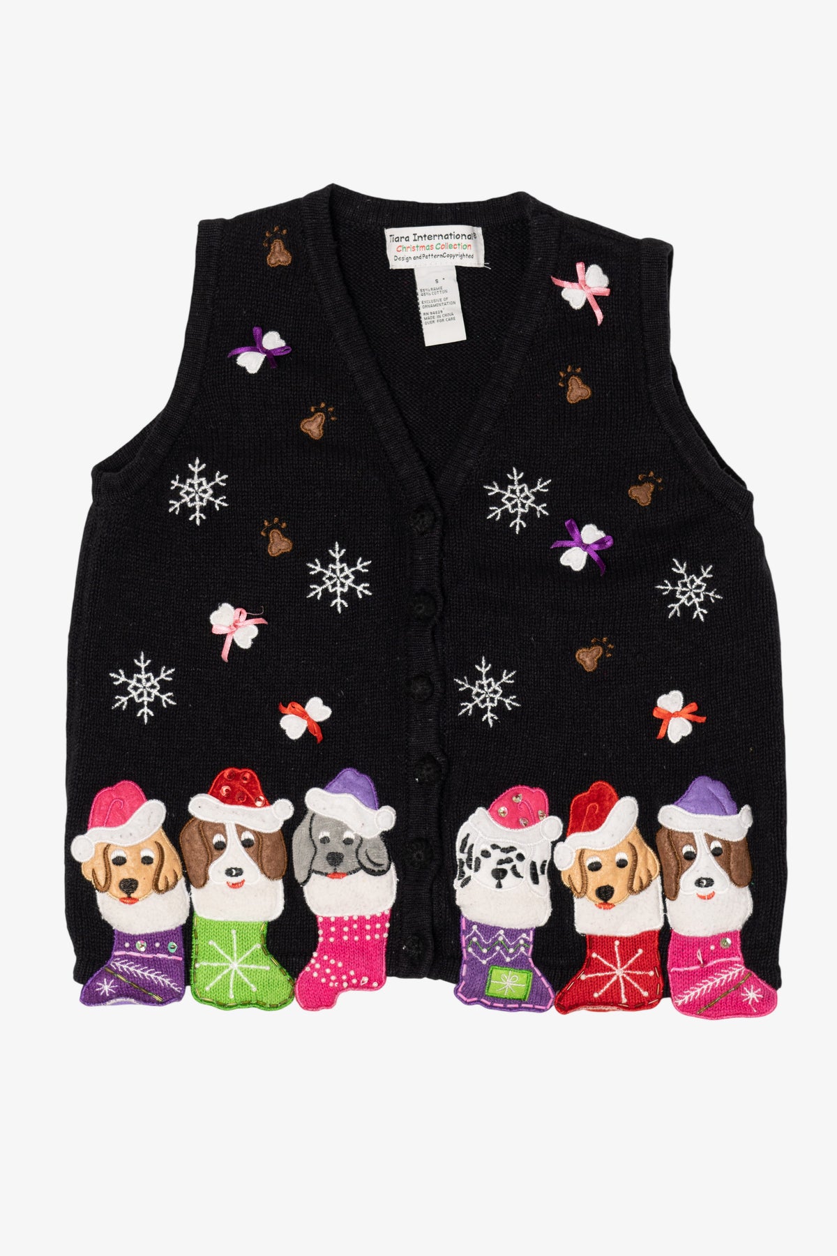 Vintage Black Tiara International Dogs In Stocking Ugly Christmas Vest (2000s)