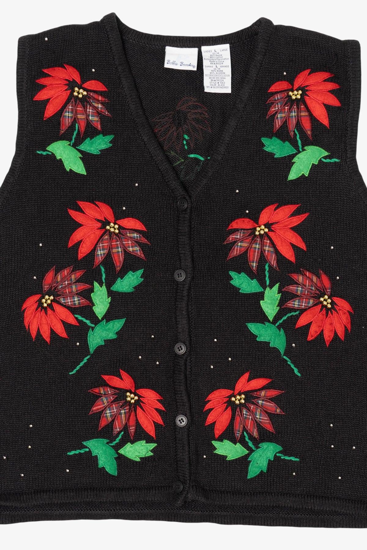 Vintage Black Bobbie Brooks Poinsettias Ugly Christmas Vest (1990s)