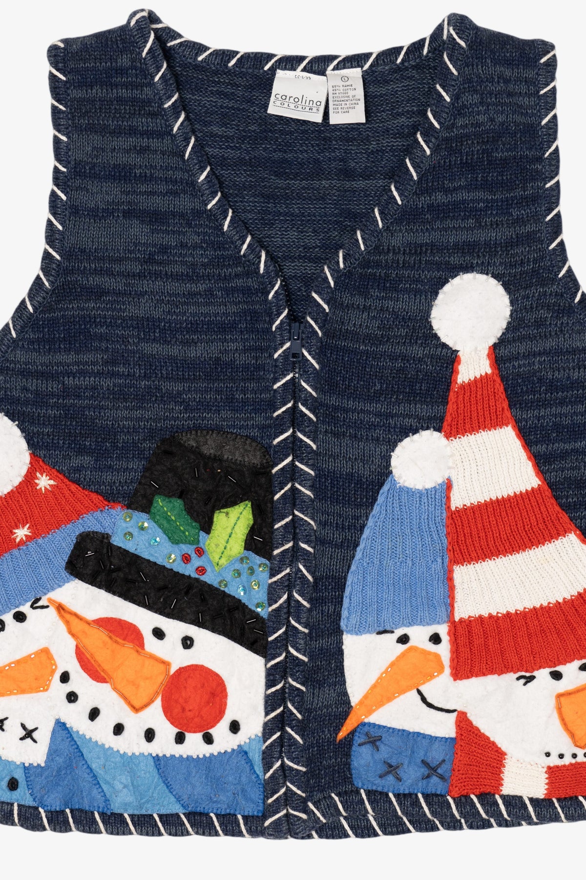 Vintage Blue Carolina Colours Snowmen Ugly Christmas Vest (1990s)