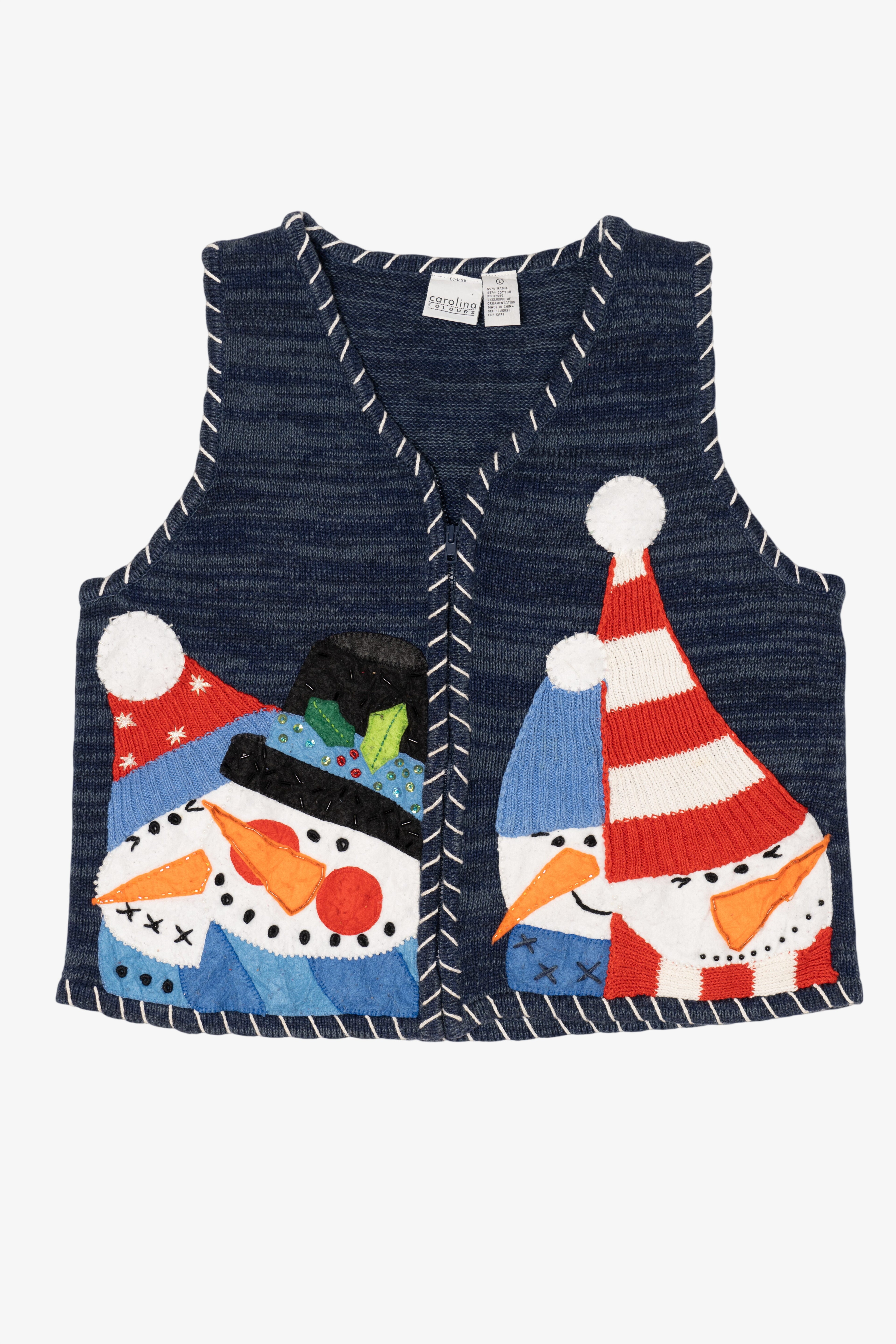 Vintage Blue Carolina Colours Snowmen Ugly Christmas Vest (1990s)