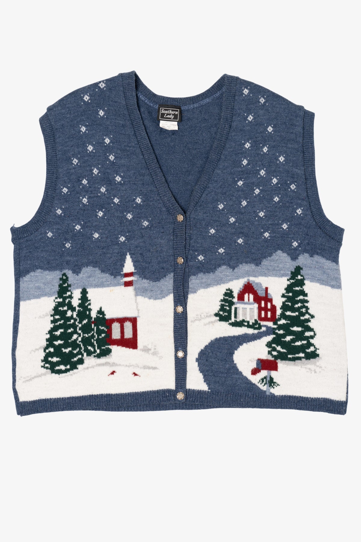 Vintage Blue Southern Lady Snowy Landscape Ugly Christmas Vest (1980s)