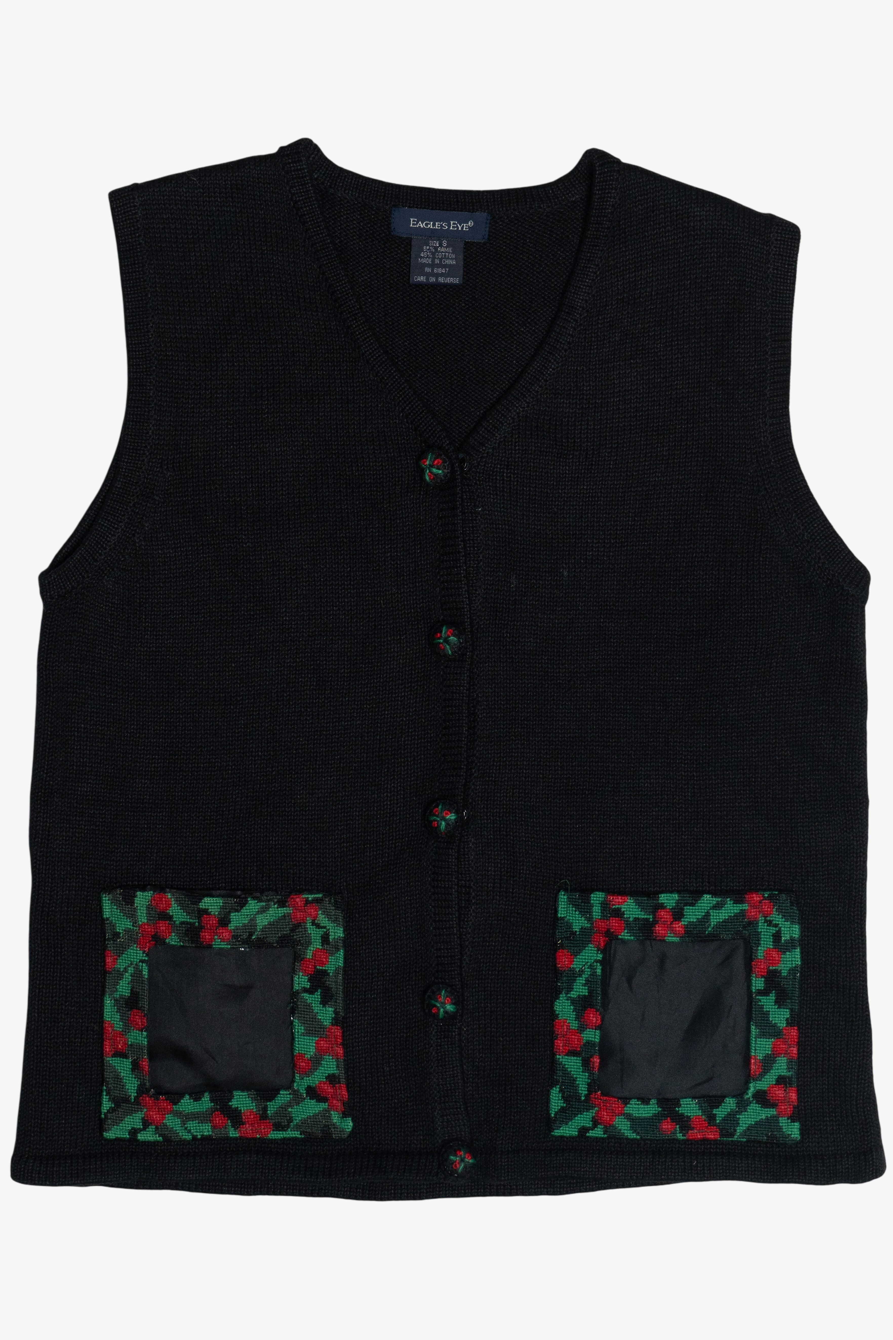 Vintage Eagle's Eye Holly & Ivy Front Pockets Ugly Christmas Vest (1990s)