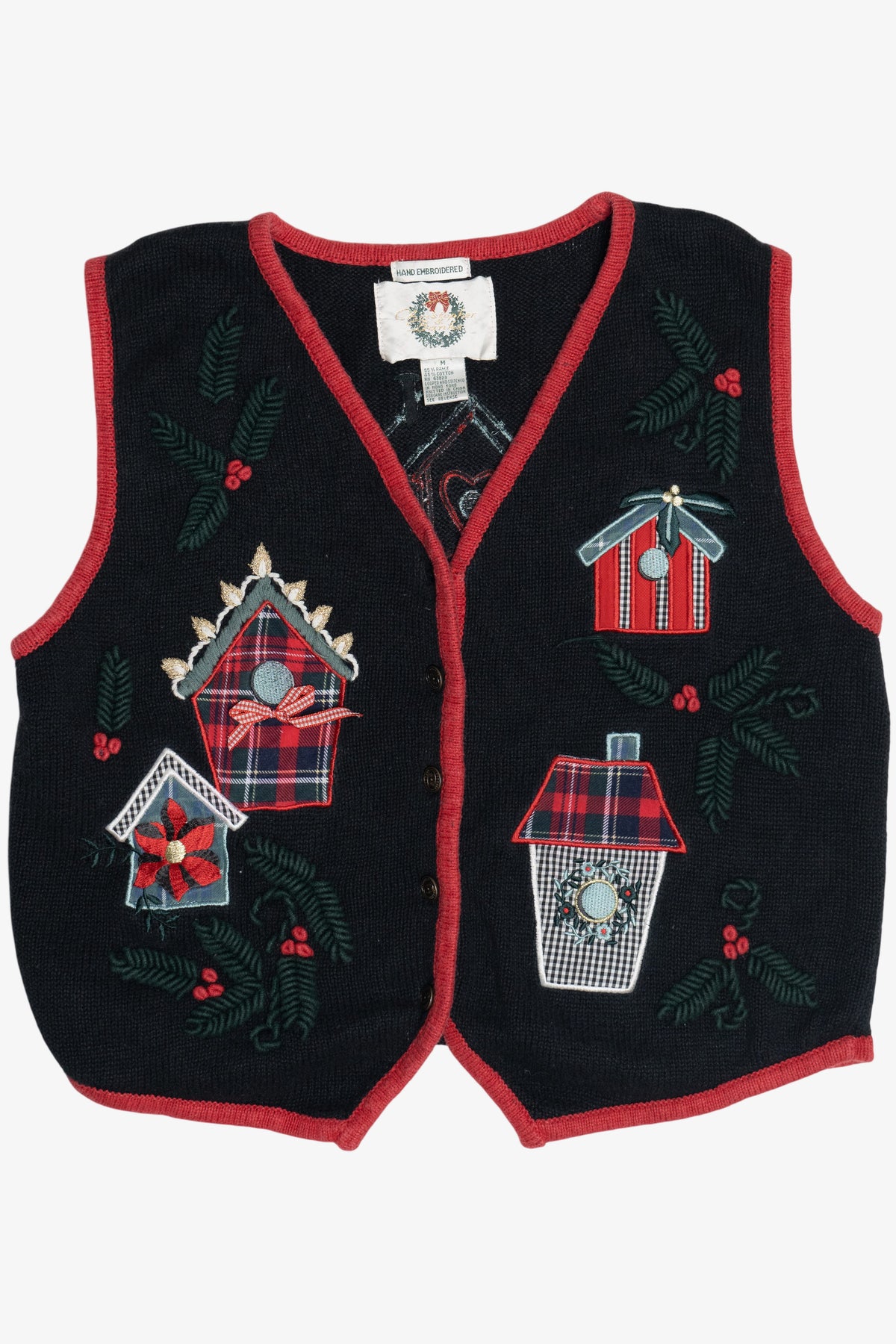 Vintage Christopher & Banks Hand Embroidered Bird Houses Ugly Christmas Vest (1990s)