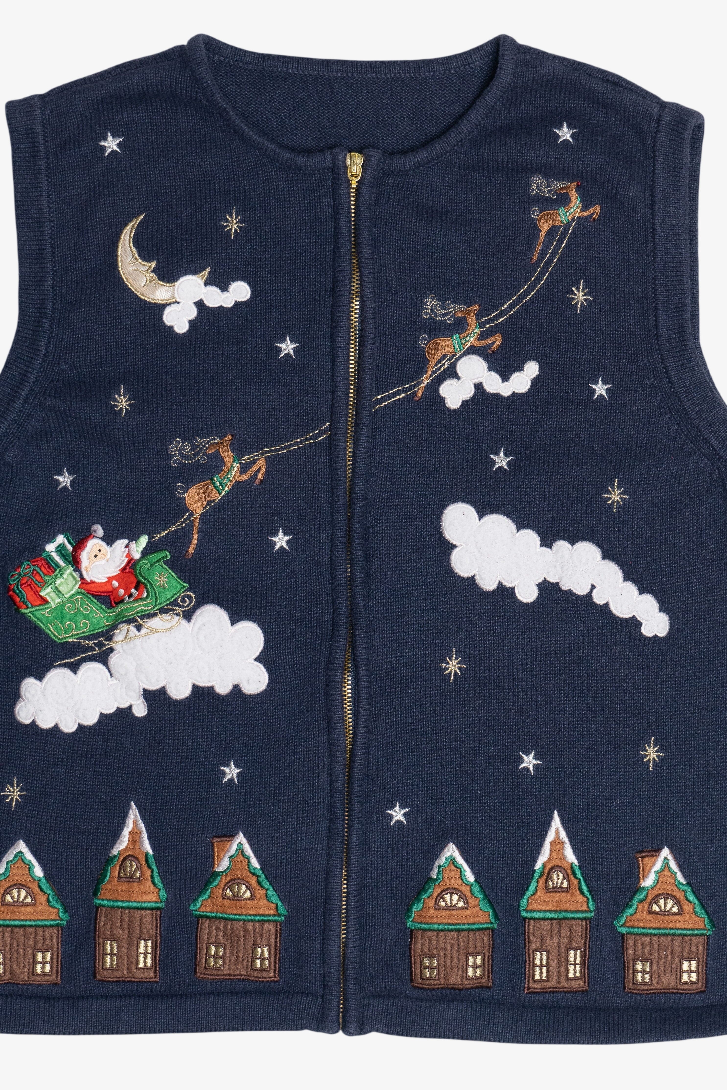 Vintage Blue Santa & His Sleigh Night Scene Ugly Christmas Vest (2000s)