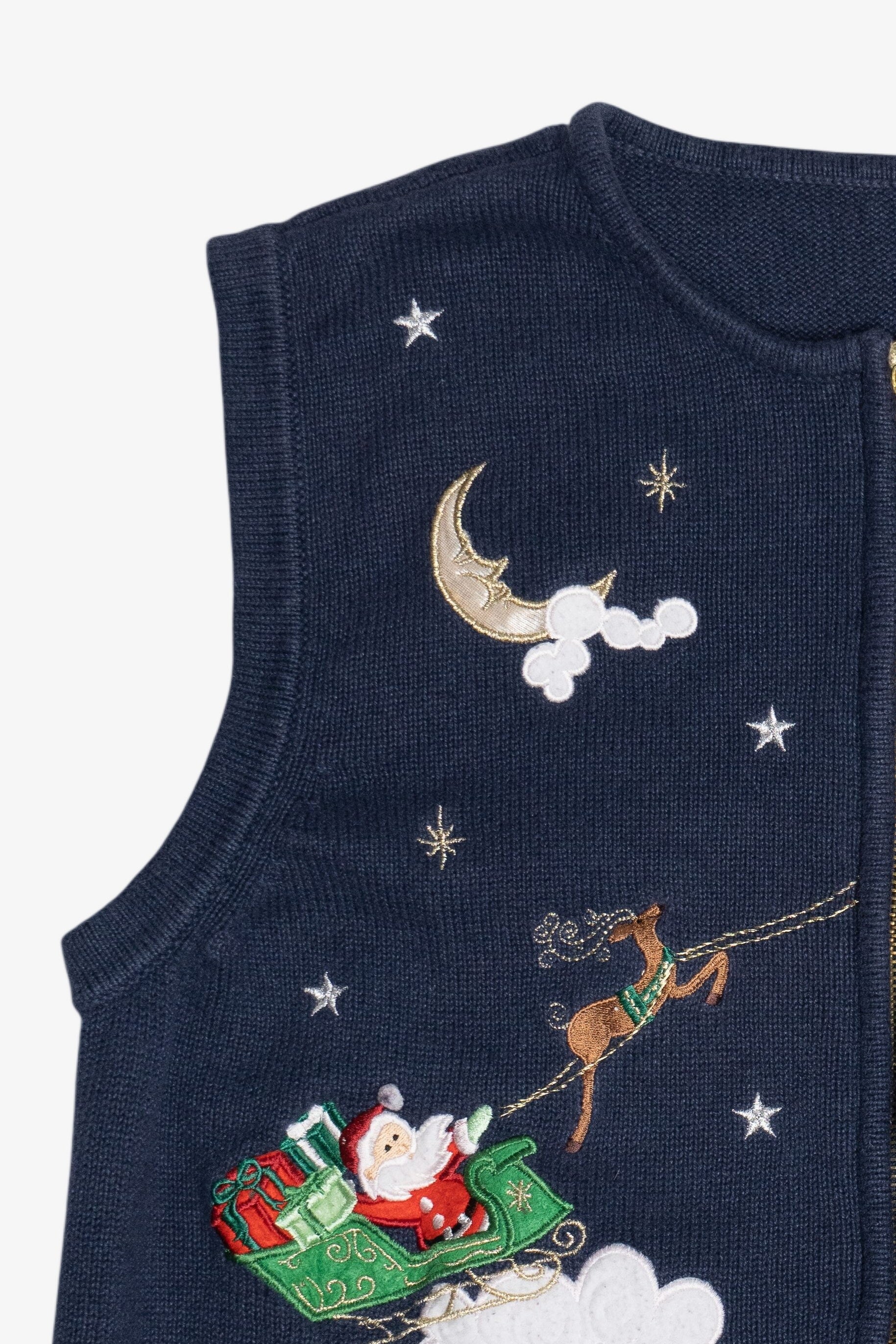 Vintage Blue Santa & His Sleigh Night Scene Ugly Christmas Vest (2000s)