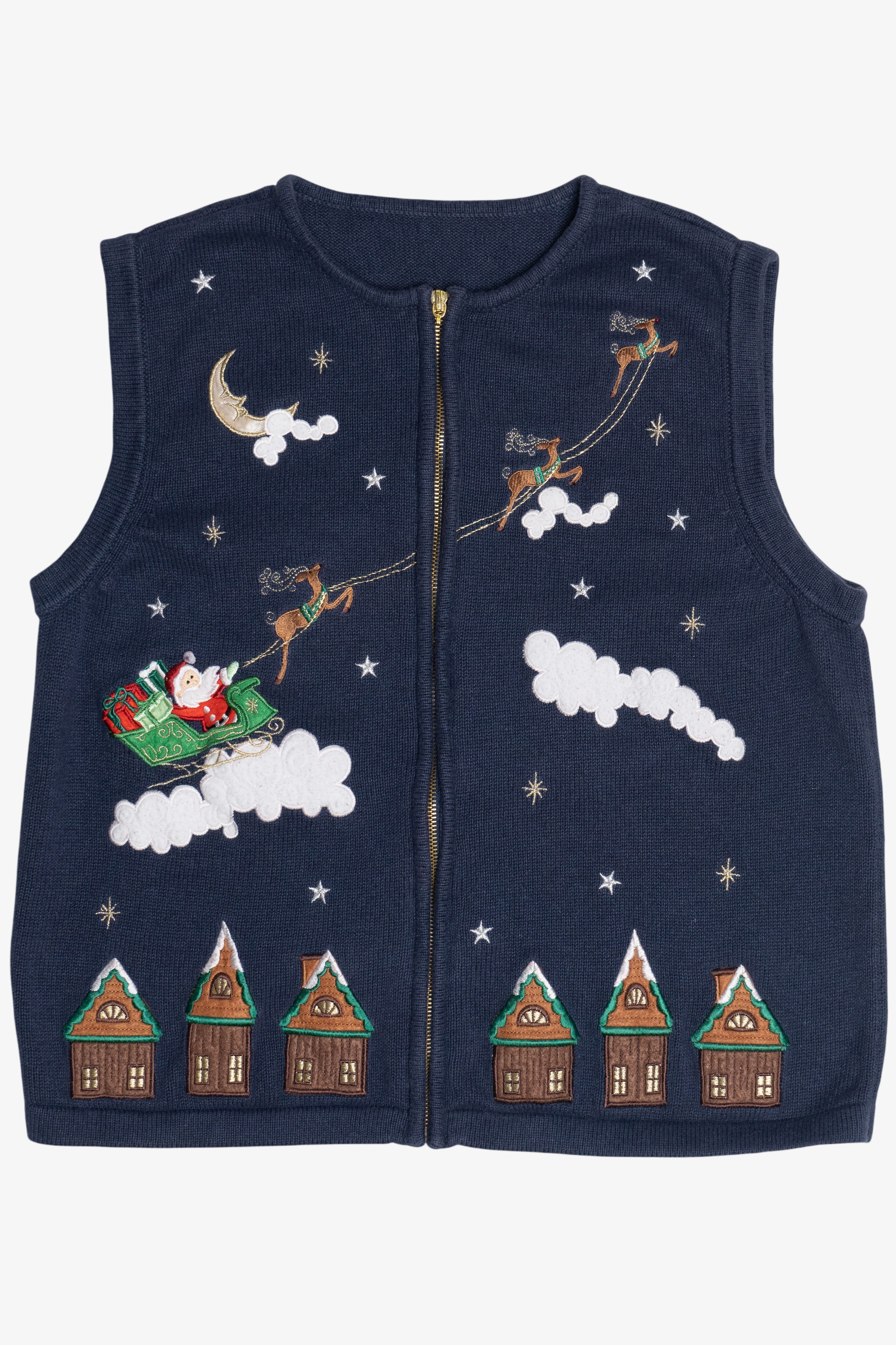 Vintage Blue Santa & His Sleigh Night Scene Ugly Christmas Vest (2000s)
