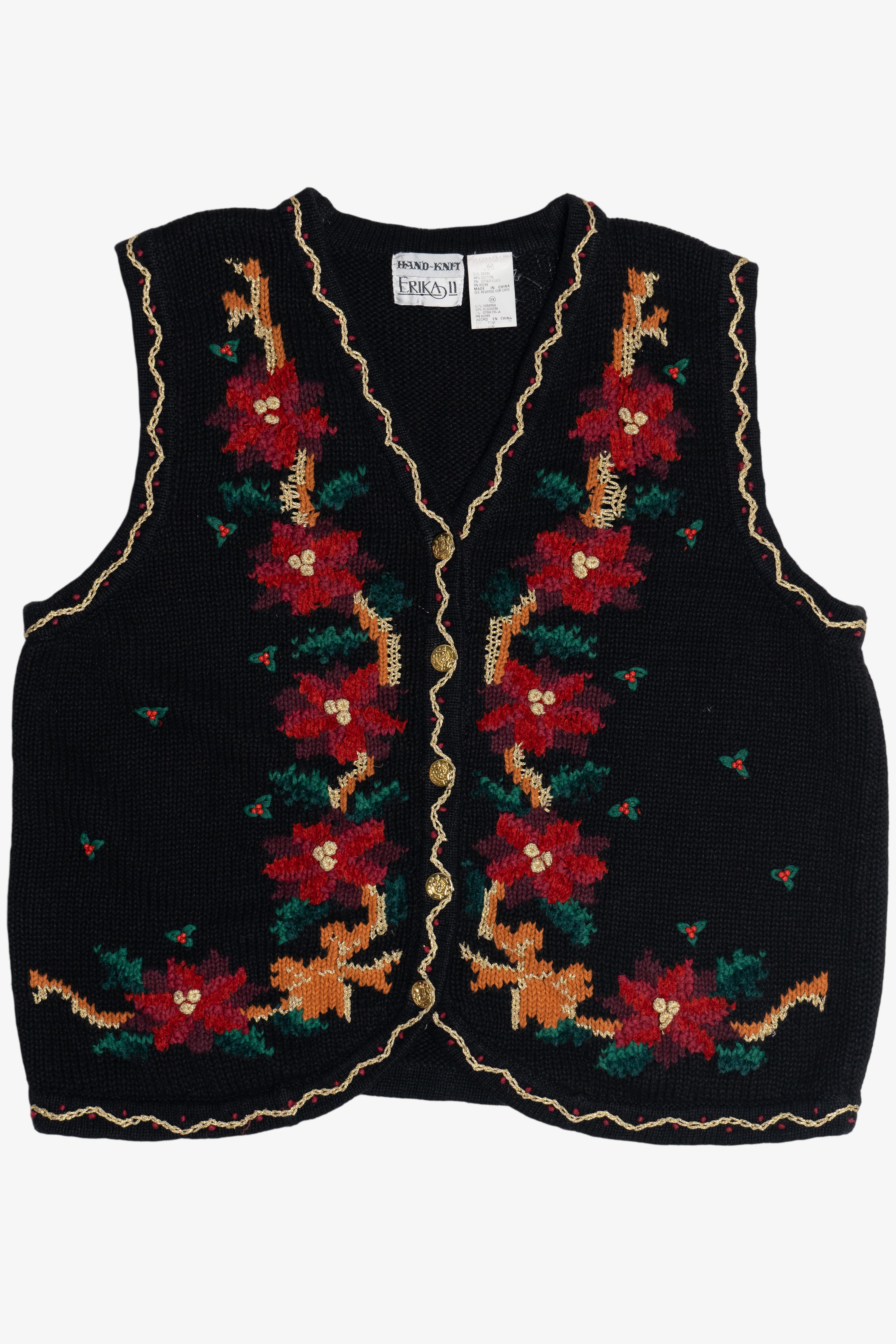 Vintage Erika II Hand Knit Holiday Flowers Ugly Christmas Vest (1990s)