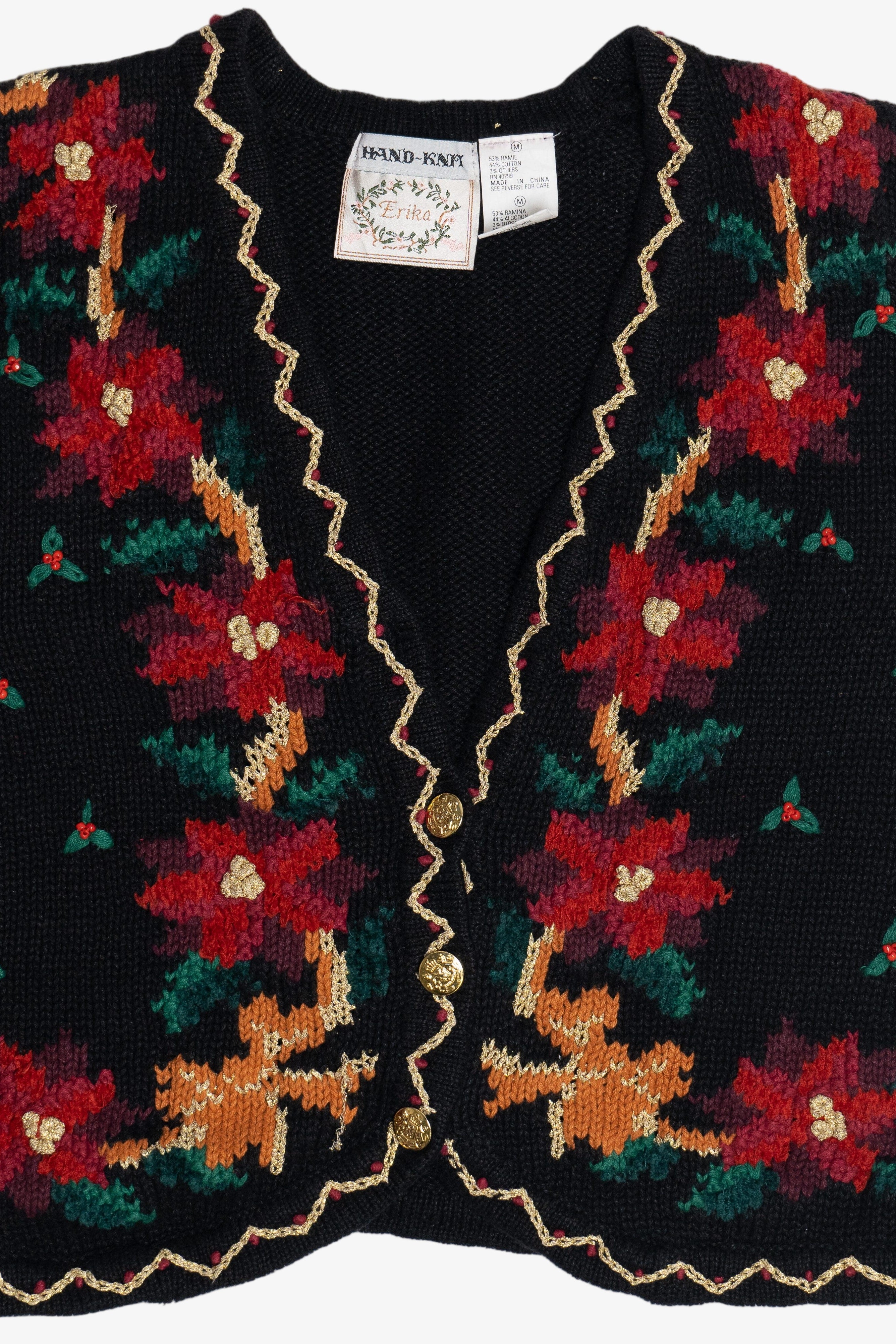 Vintage Erika Hand Knit Holiday Flowers Ugly Christmas Vest (1990s)