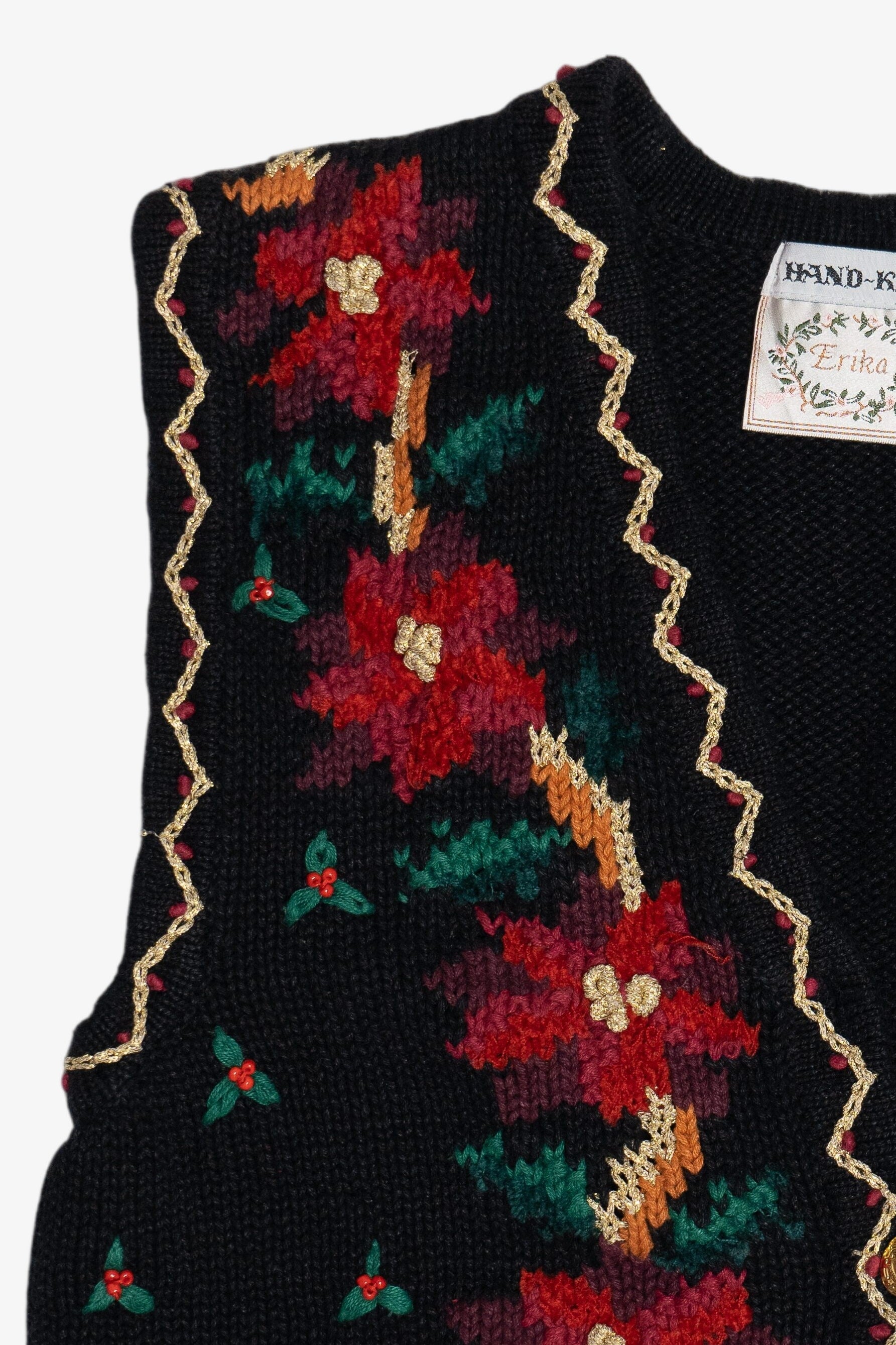 Vintage Erika Hand Knit Holiday Flowers Ugly Christmas Vest (1990s)