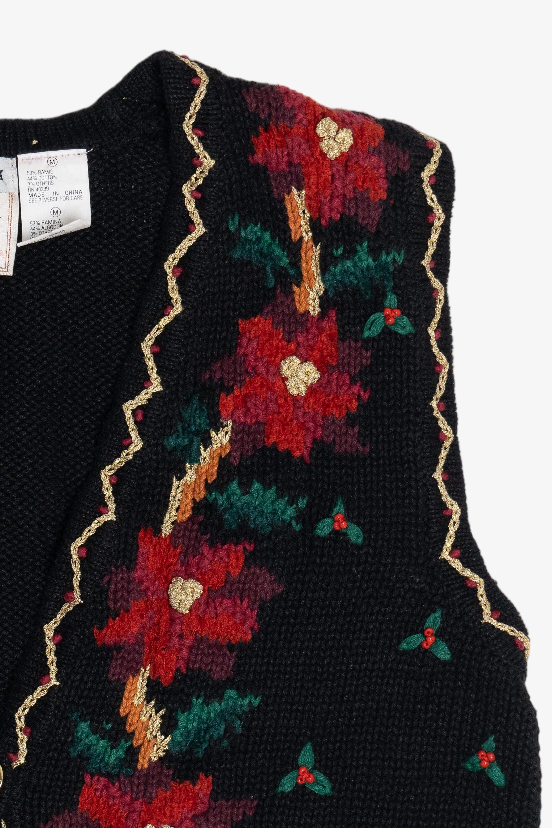 Vintage Erika Hand Knit Holiday Flowers Ugly Christmas Vest (1990s)