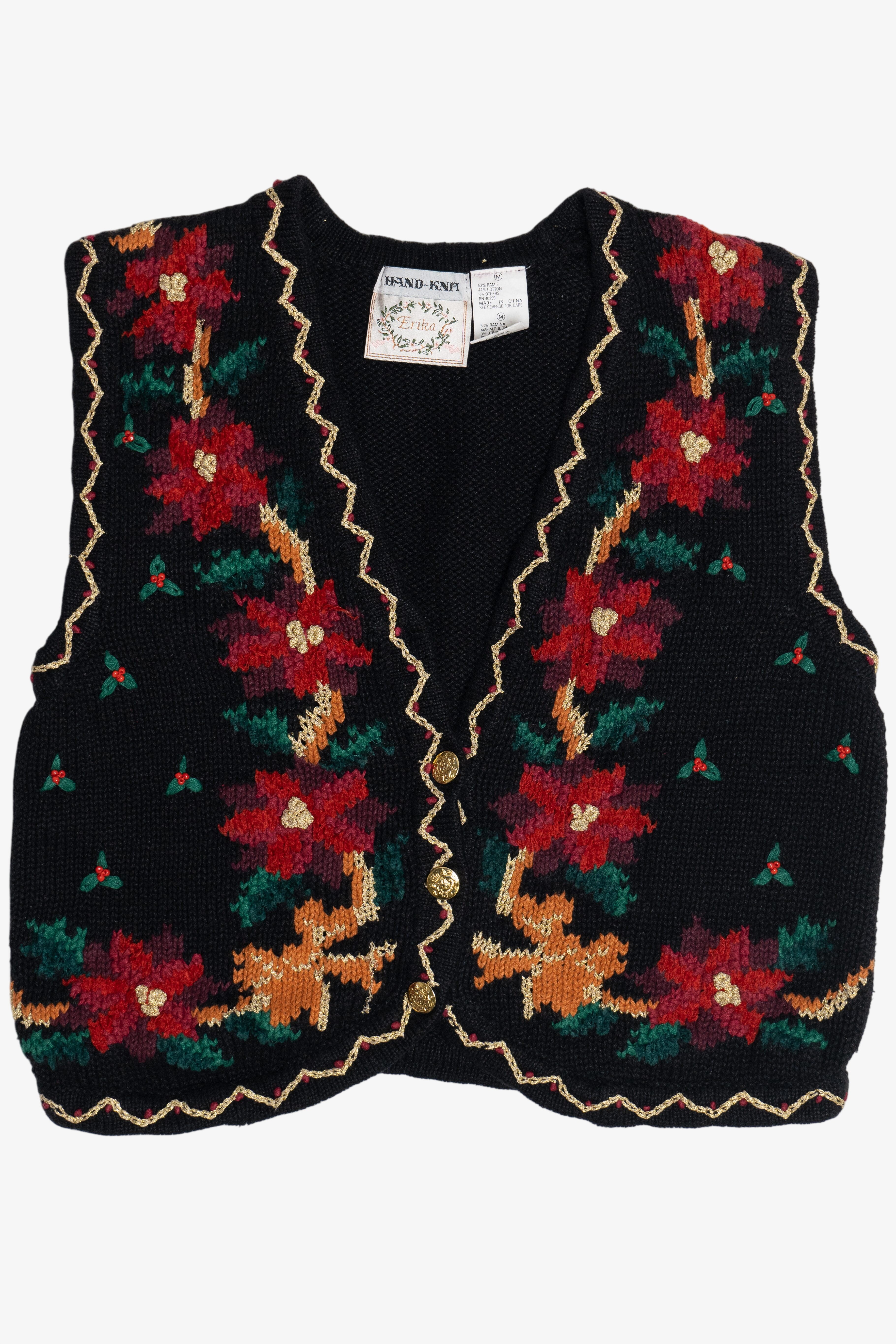 Vintage Erika Hand Knit Holiday Flowers Ugly Christmas Vest (1990s)