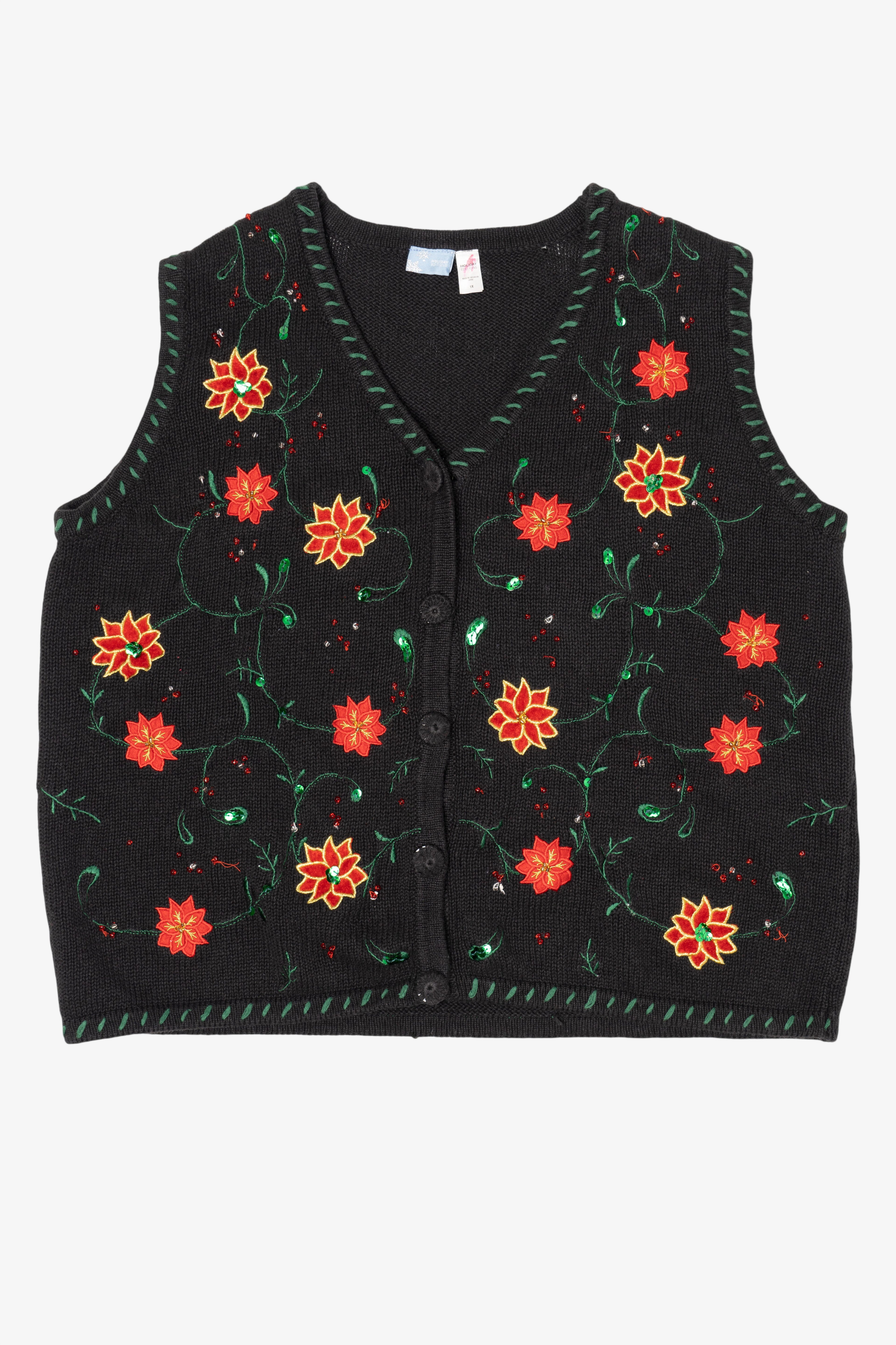 Vintage Black Holiday Editions Poinsettias Ugly Christmas Vest (2000s)