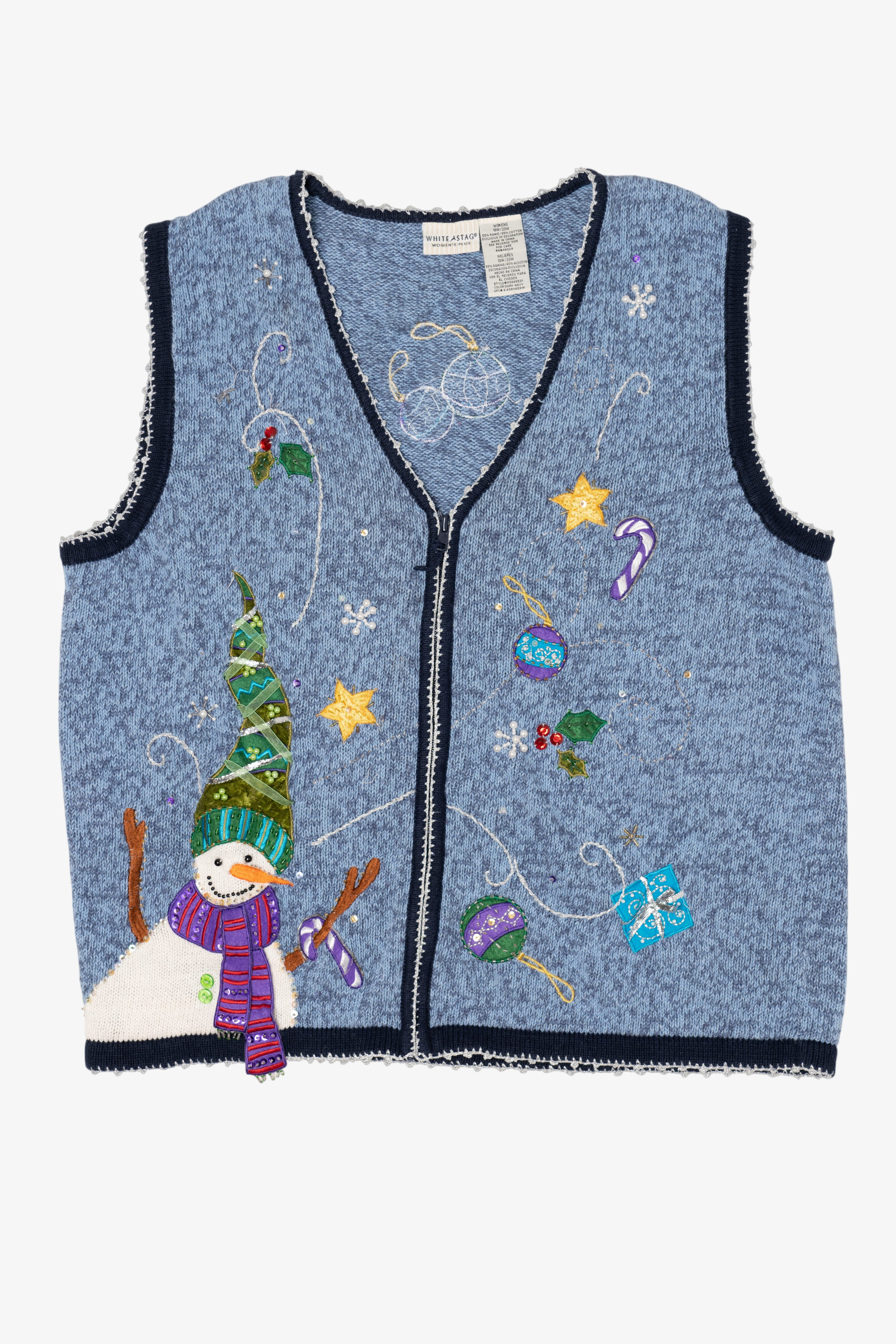 Vintage Blue White Stag Snowmen Ugly Christmas Vest (2000s)