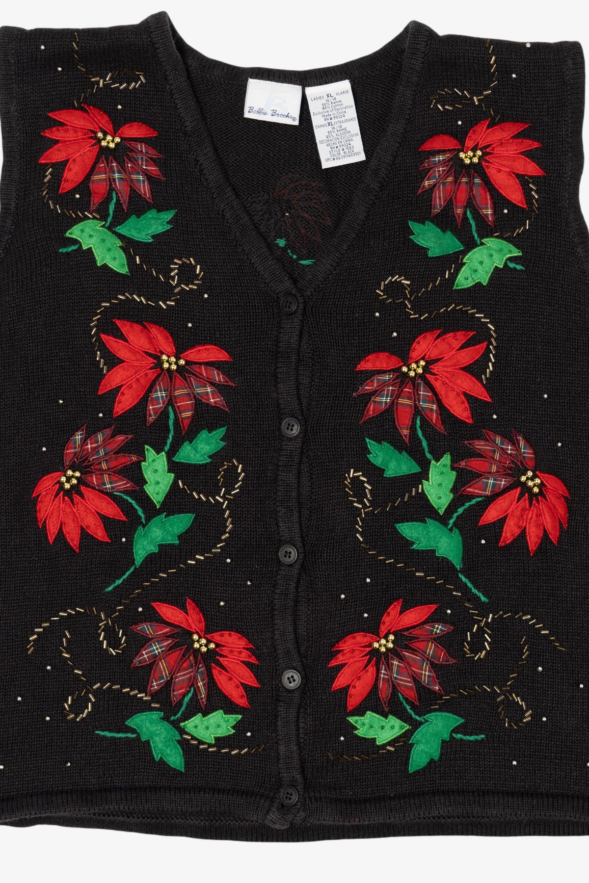 Vintage Black Bobbie Brooks Poinsettias Ugly Christmas Vest (1990s)