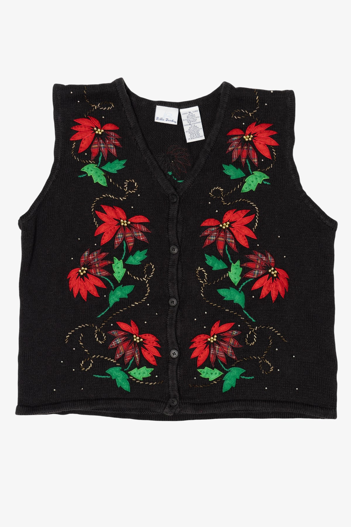 Vintage Black Bobbie Brooks Poinsettias Ugly Christmas Vest (1990s)