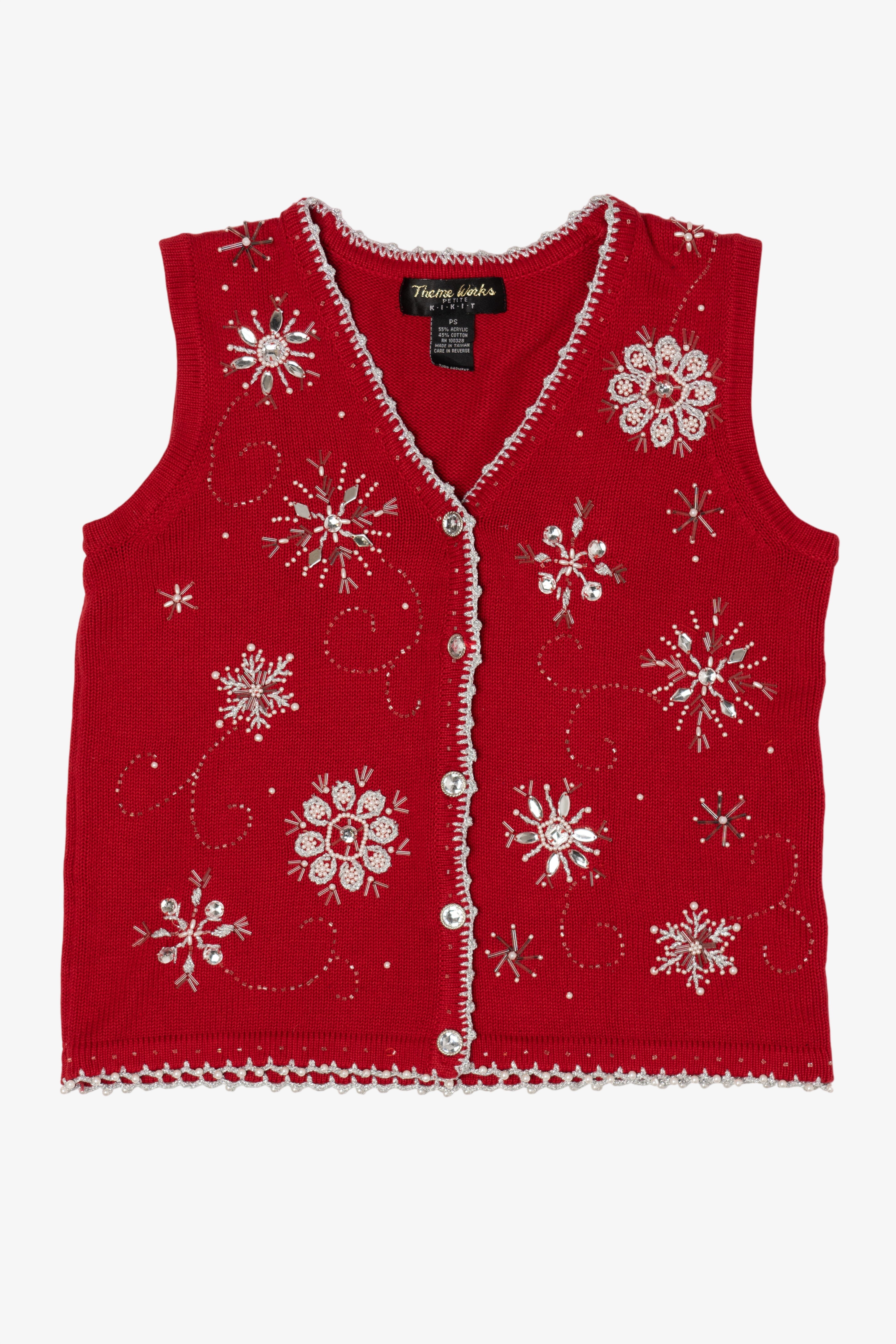 Vintage Red Theme Works Bejeweled Snowflakes Ugly Christmas Sweater (2000s)