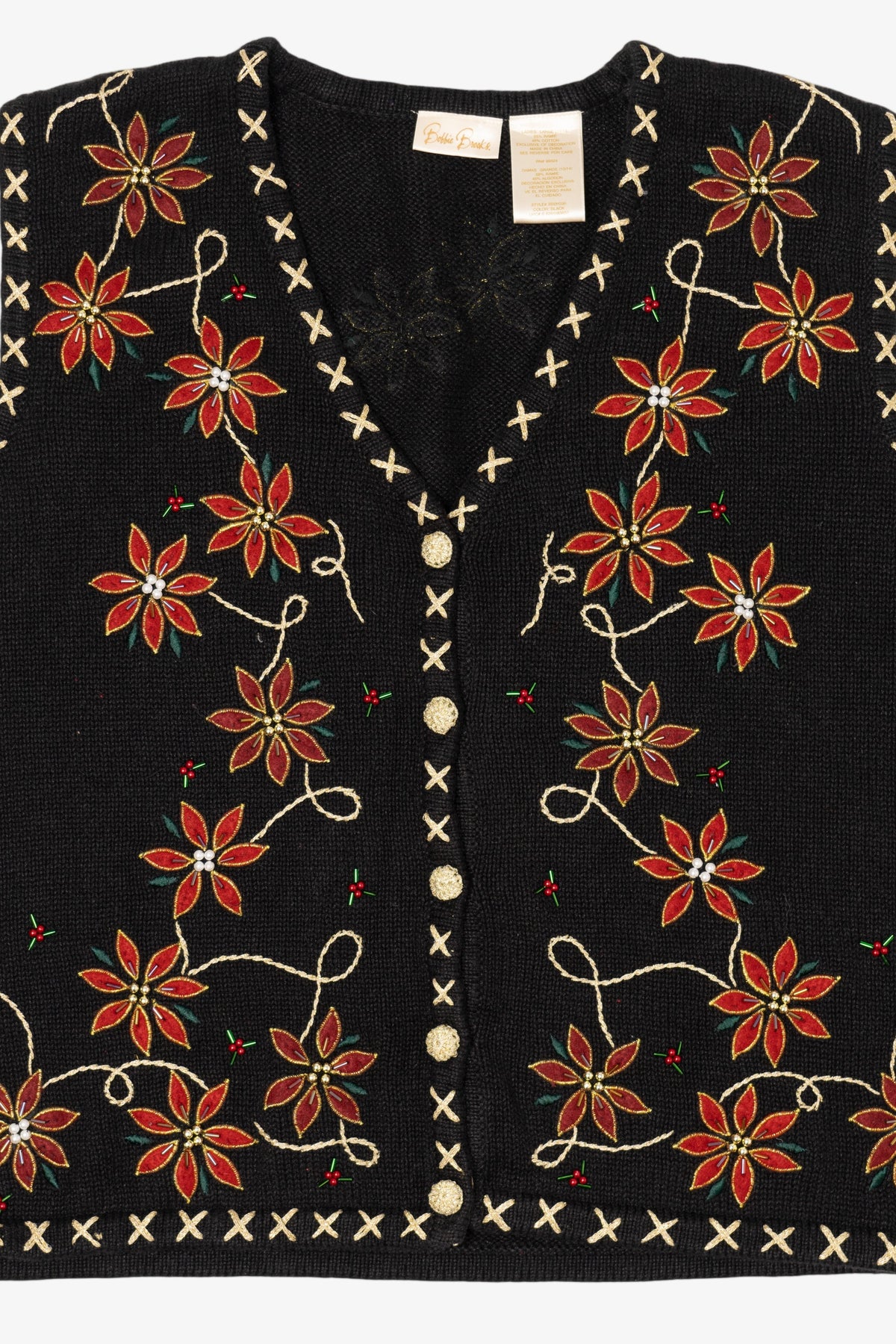 Vintage Black Bobbie Brooks Poinsettias Ugly Christmas Vest (1990s)